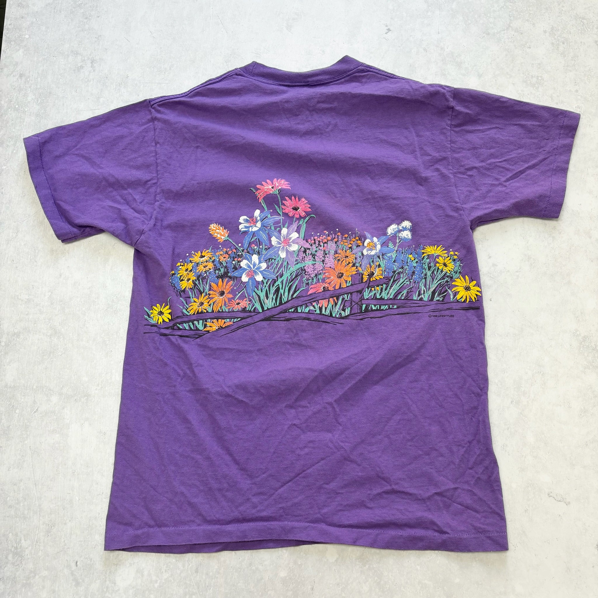 Vintage T Shirt Mens Medium Purple Single Stitch Graphic Print 90s Flowers