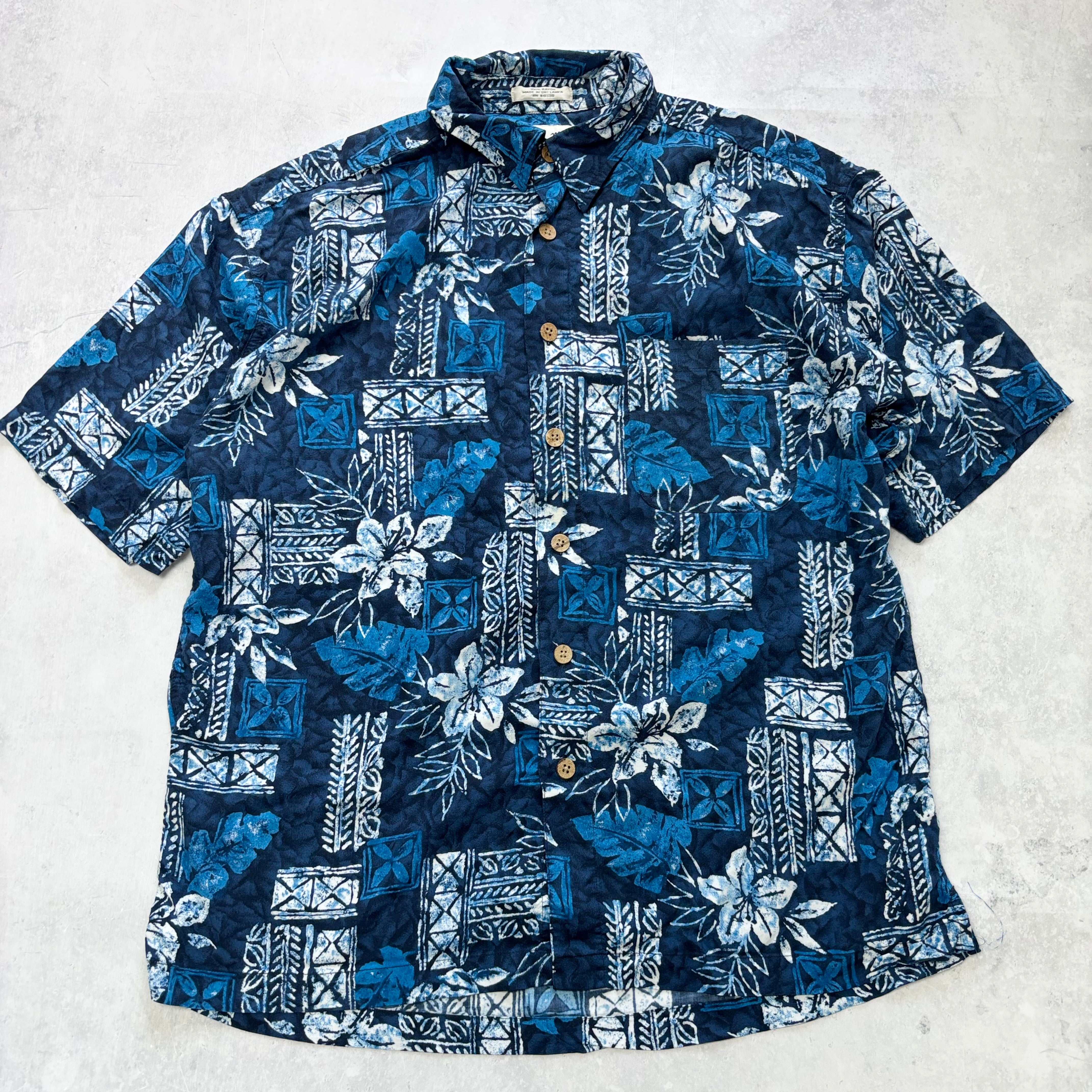 Vintage Hawaiian Shirt Mens XL Blue Floral Aloha Short Sleeve Rayon (E)