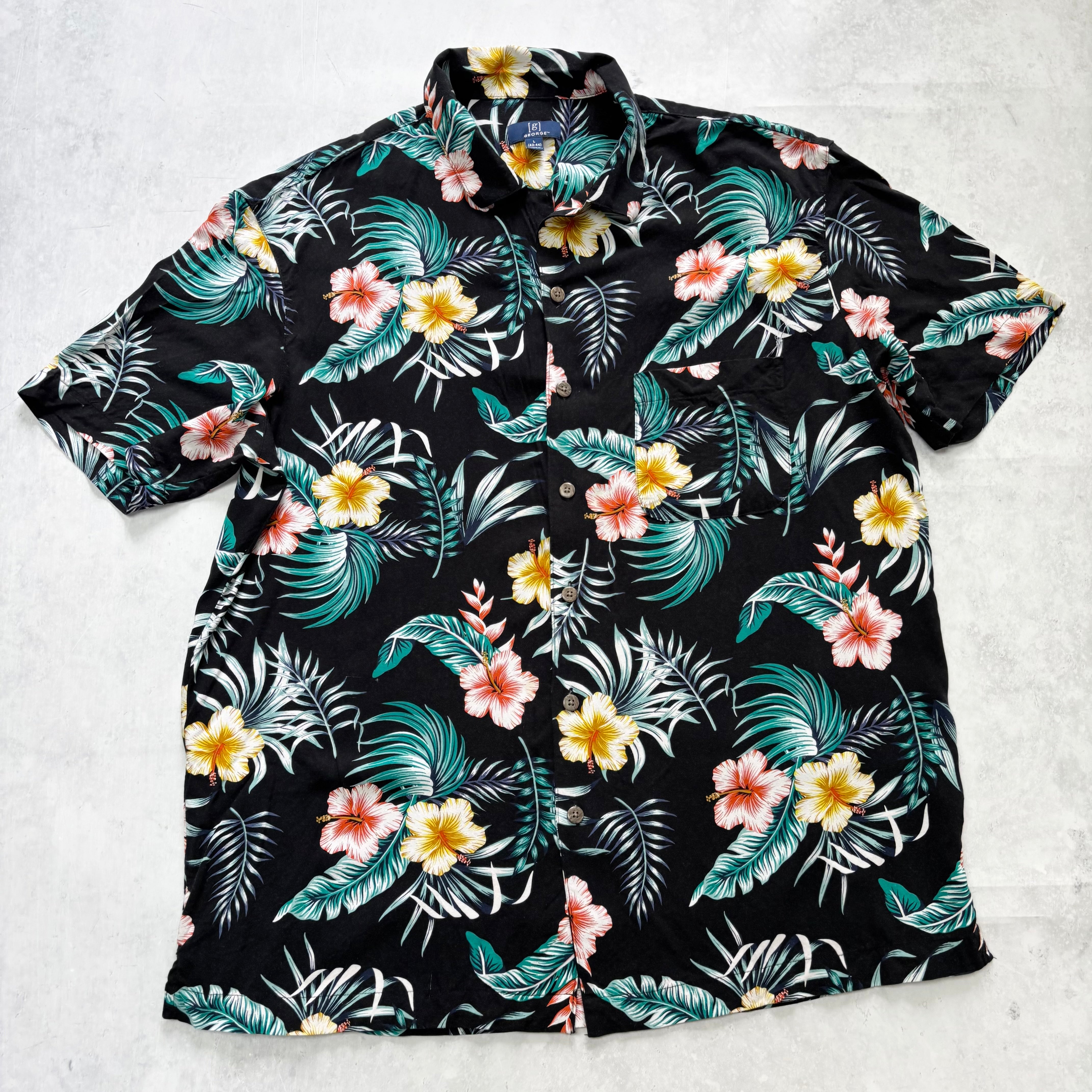 Hawaiian Shirt Mens Large Black Floral Aloha Short Sleeve Rayon (E)