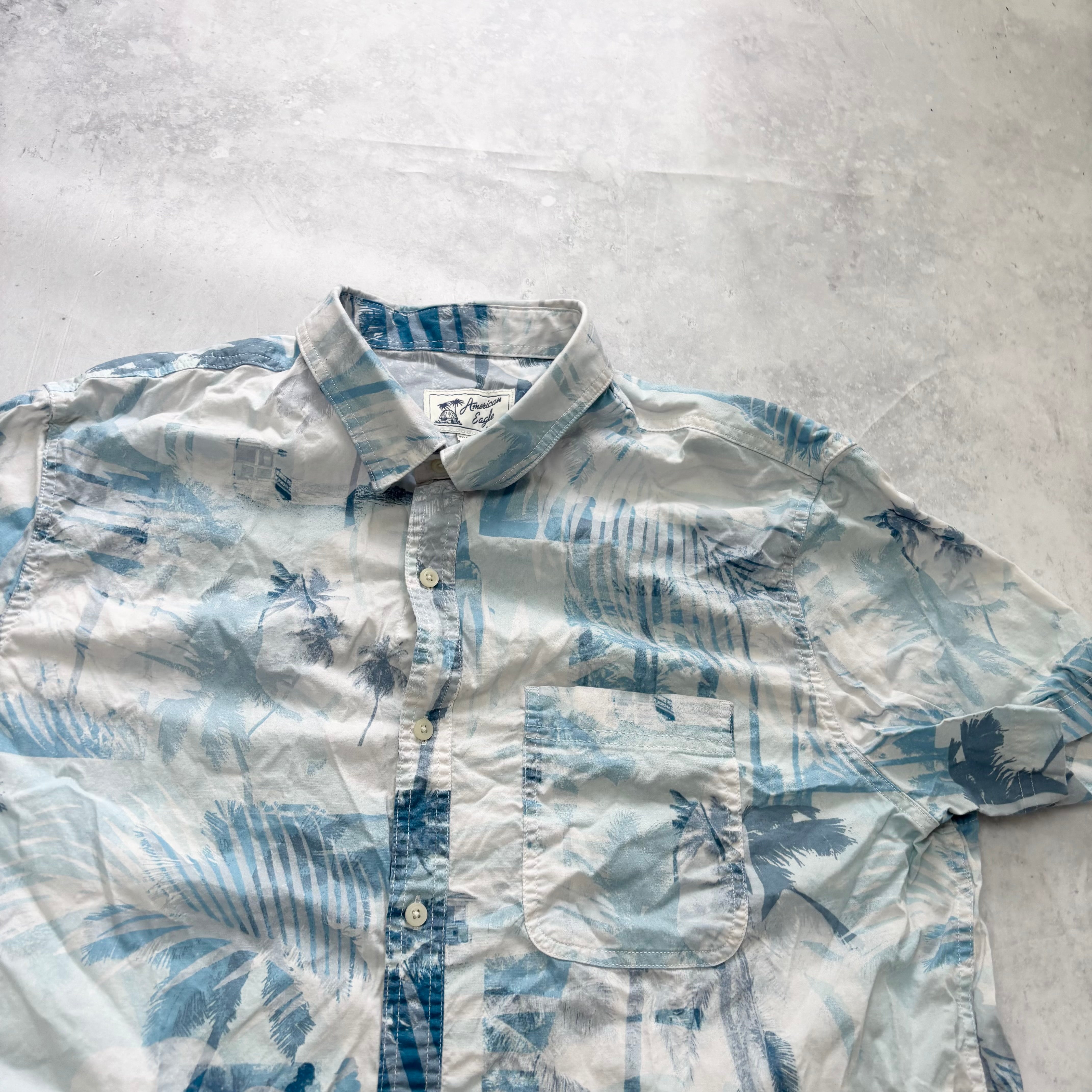 American Eagle Hawaiian Shirt Mens XXL Blue Floral Cotton Slim Fit (E)