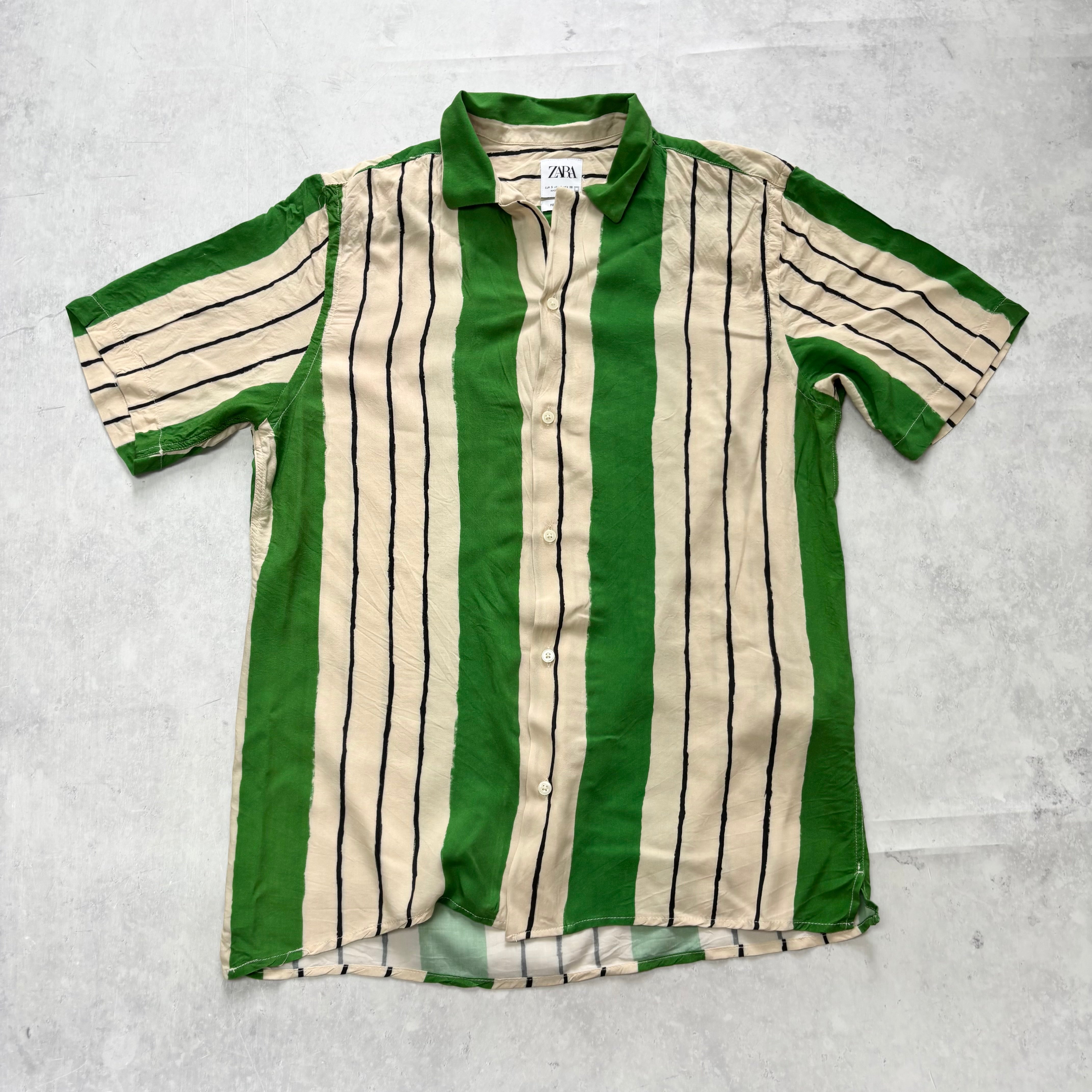 Zara Striped Shirt Mens Small Green Short Sleeve Viscose (E)