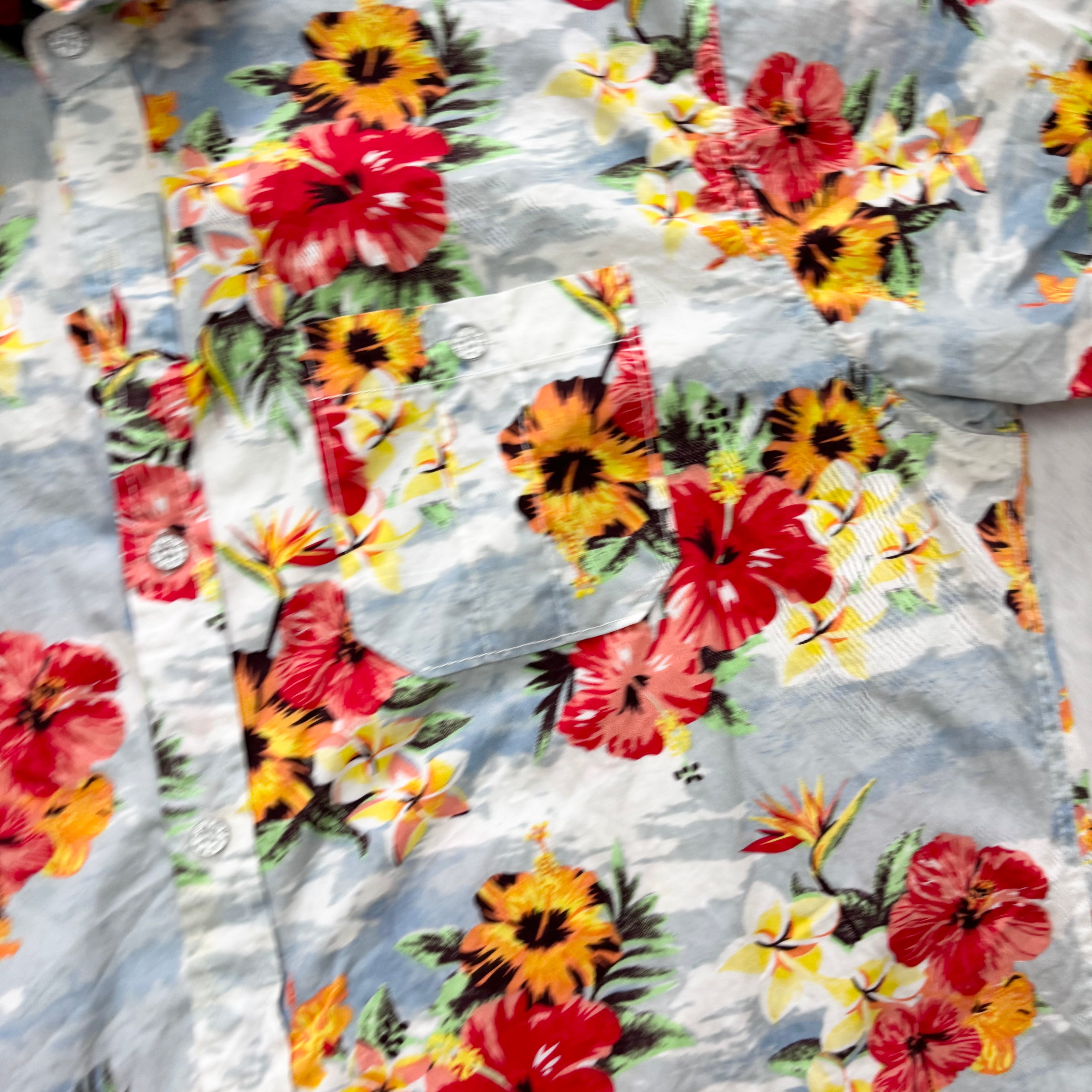 Hawaiian Shirt Mens Large Blue Floral Aloha Regular Fit Cotton (E)