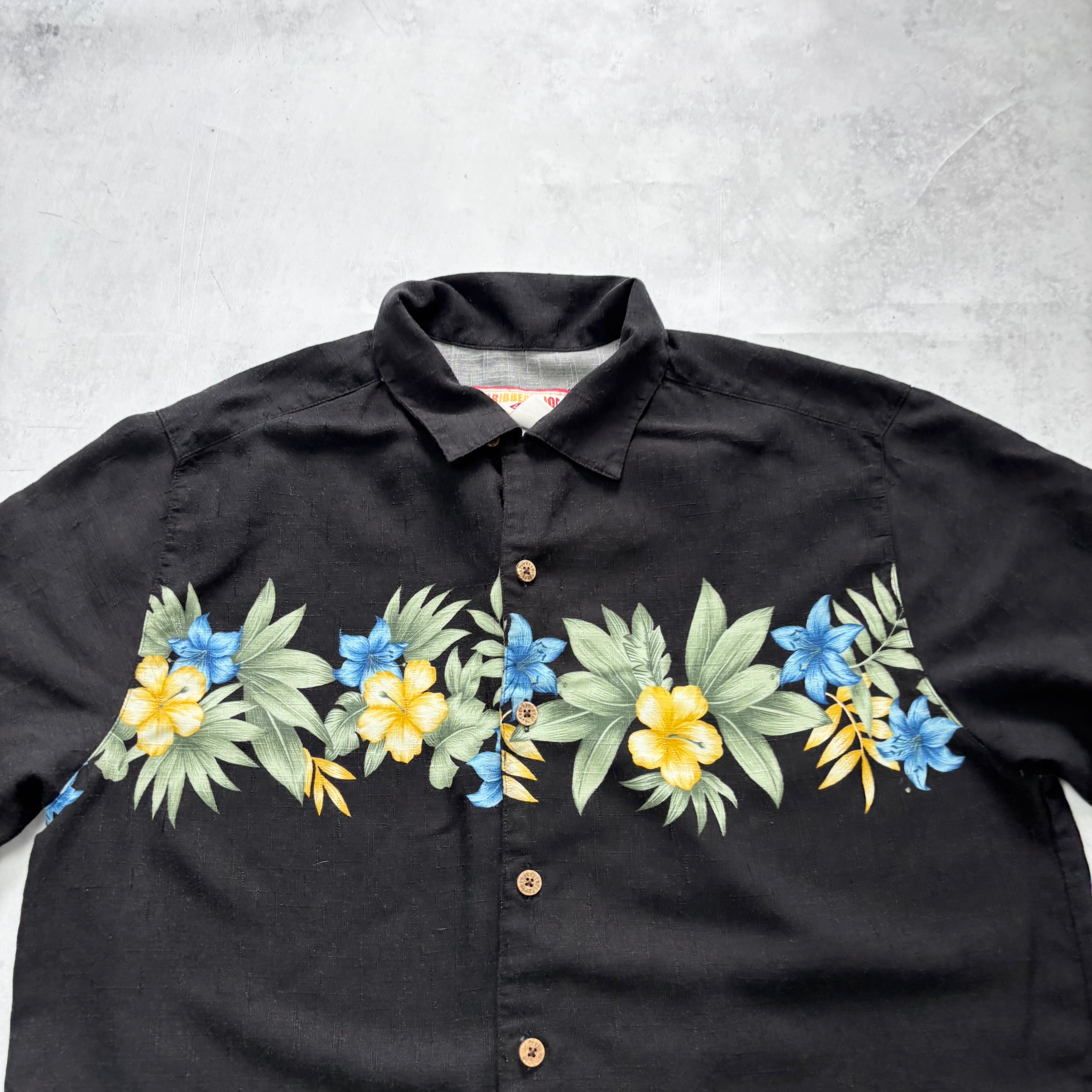 Vintage Hawaiian Shirt Mens Large Black Floral Aloha Short Sleeve Rayon (E)