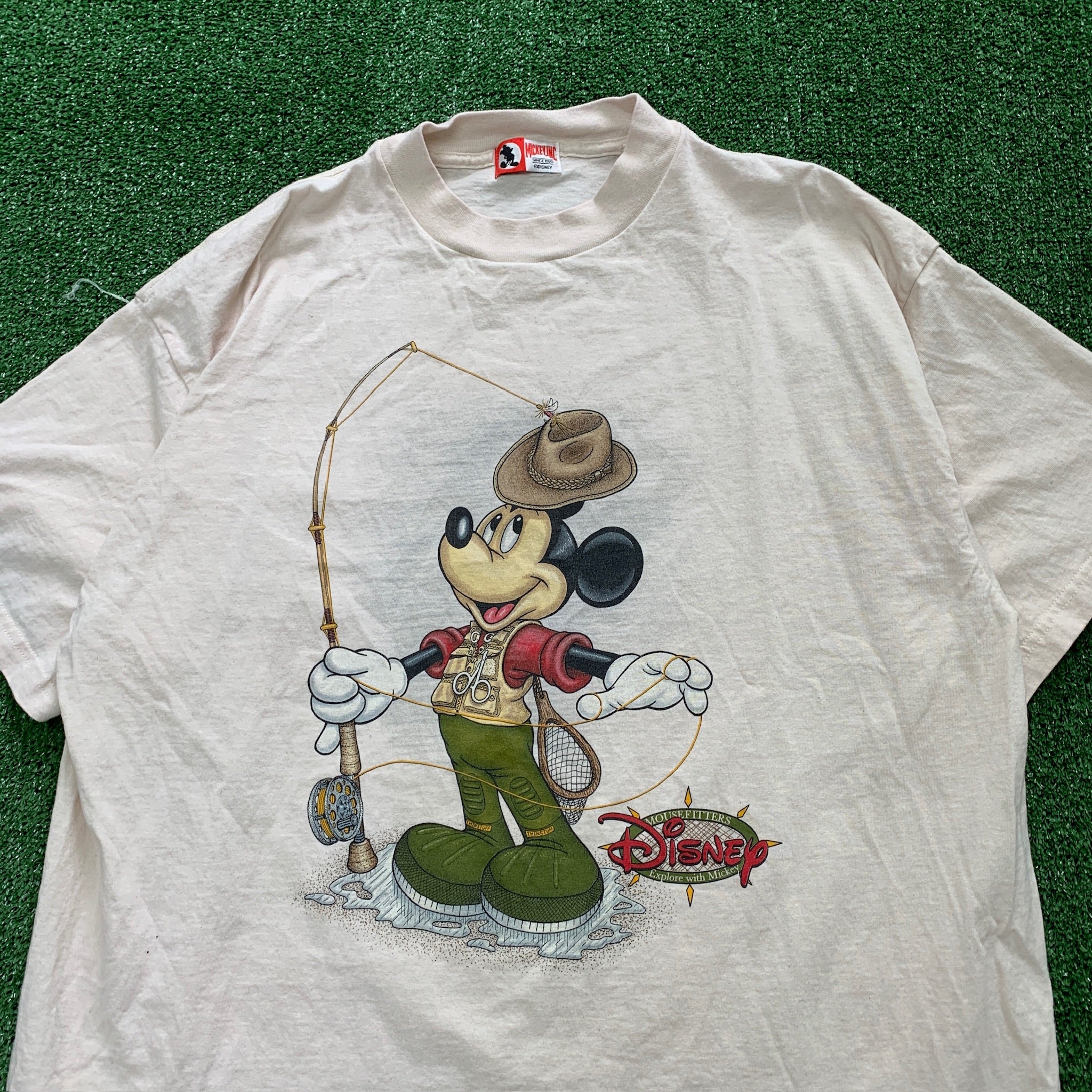 Vintage T Shirt Mens XL Beige Tan Graphic Print 90s Disney Mickey Cartoon