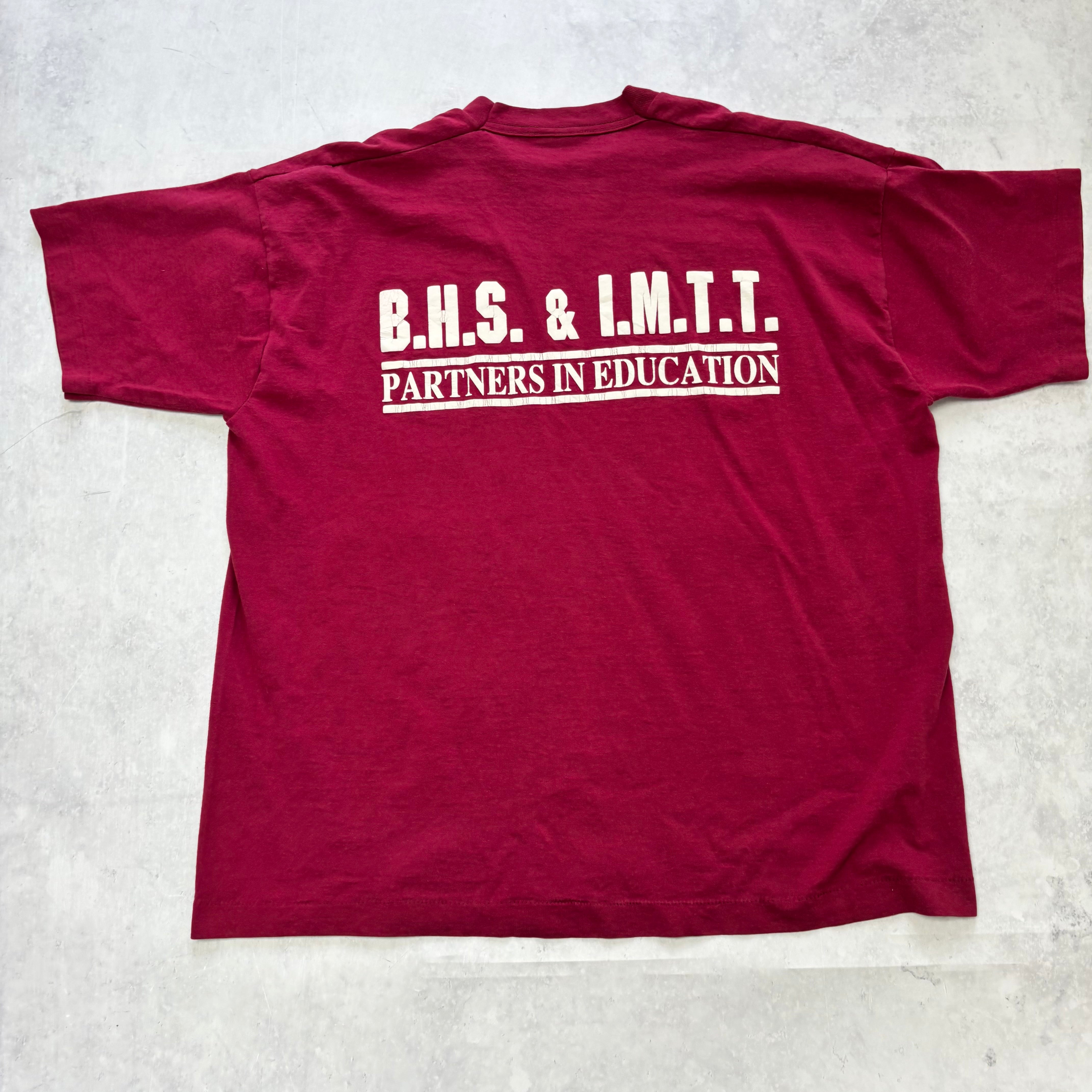 Vintage T Shirt Mens Large Burgundy Single Stitch Graphic Print 90s College (E)