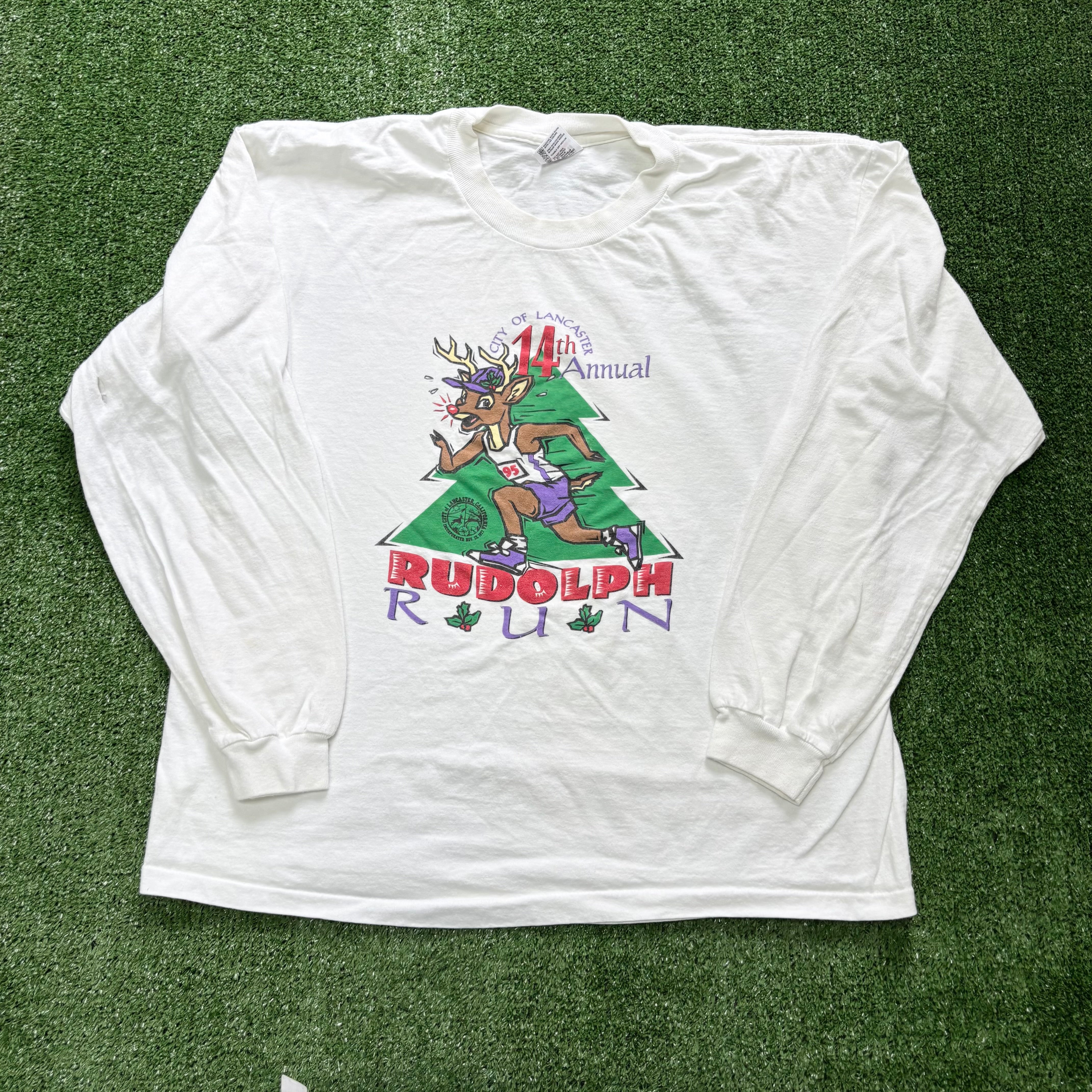 Vintage T Shirt Mens Medium White Single Stitch Graphic Print Longsleeve (F)