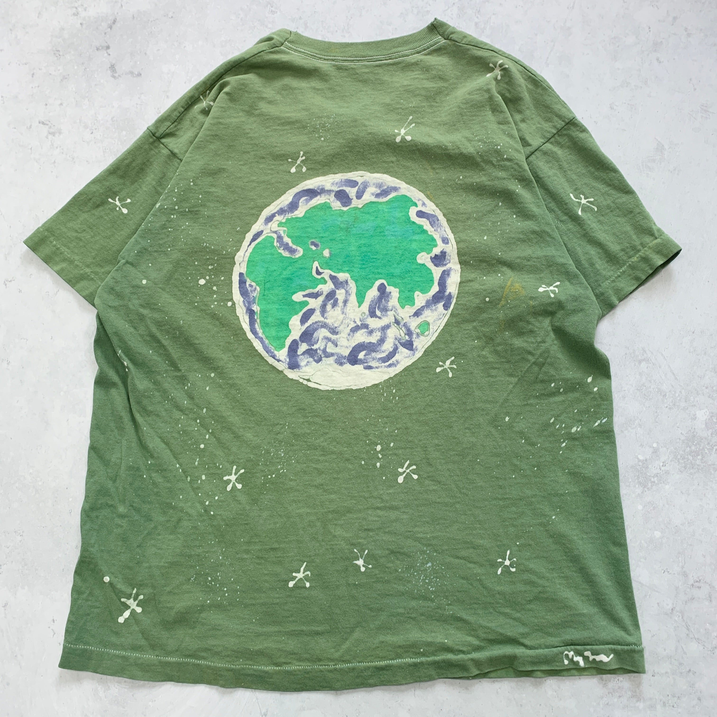 Vintage T Shirt Mens Large Green Single Stitch Graphic Print 90s USA Earth