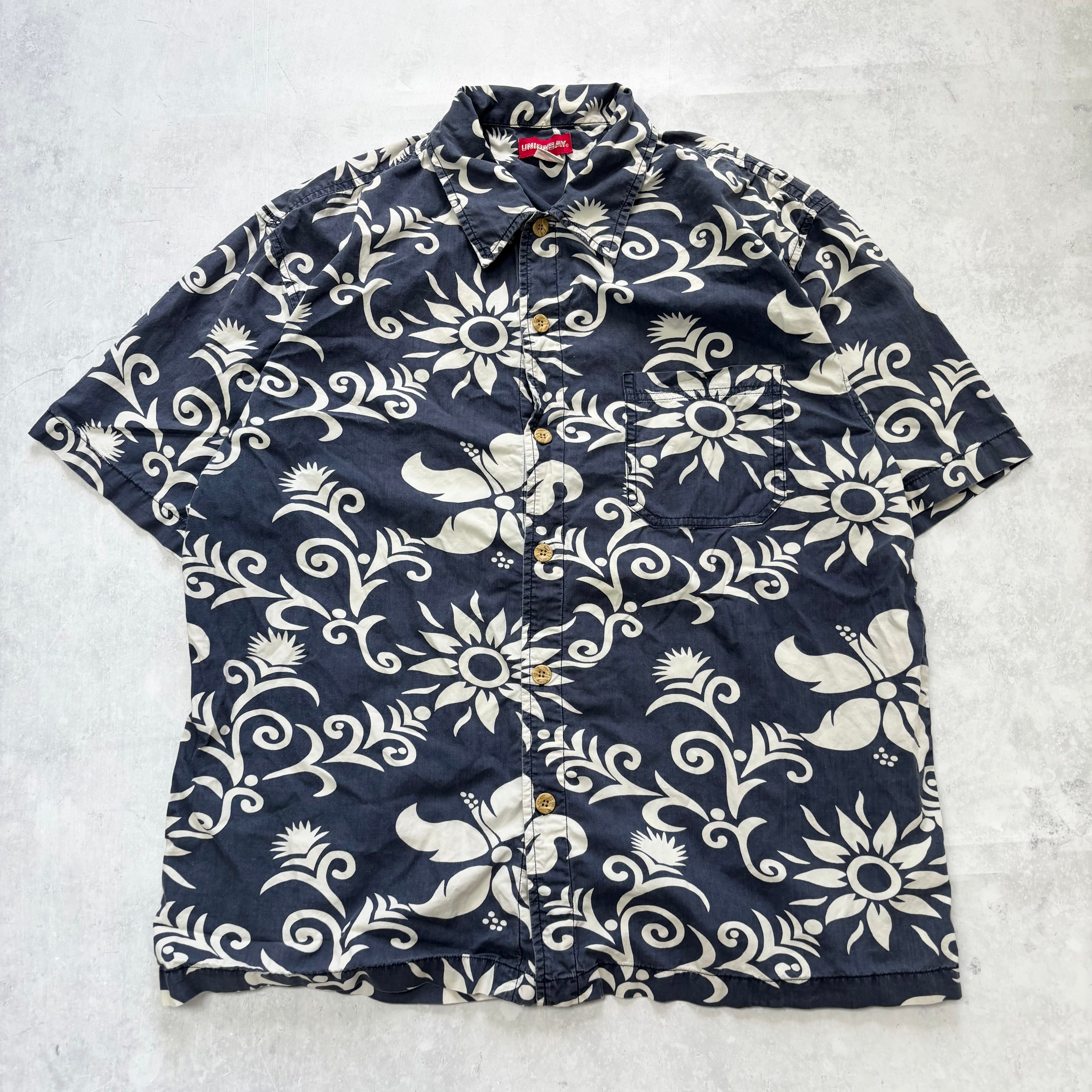 Vintage Hawaiian Shirt Mens Large Navy Floral Aloha Short Sleeve Cotton (E)