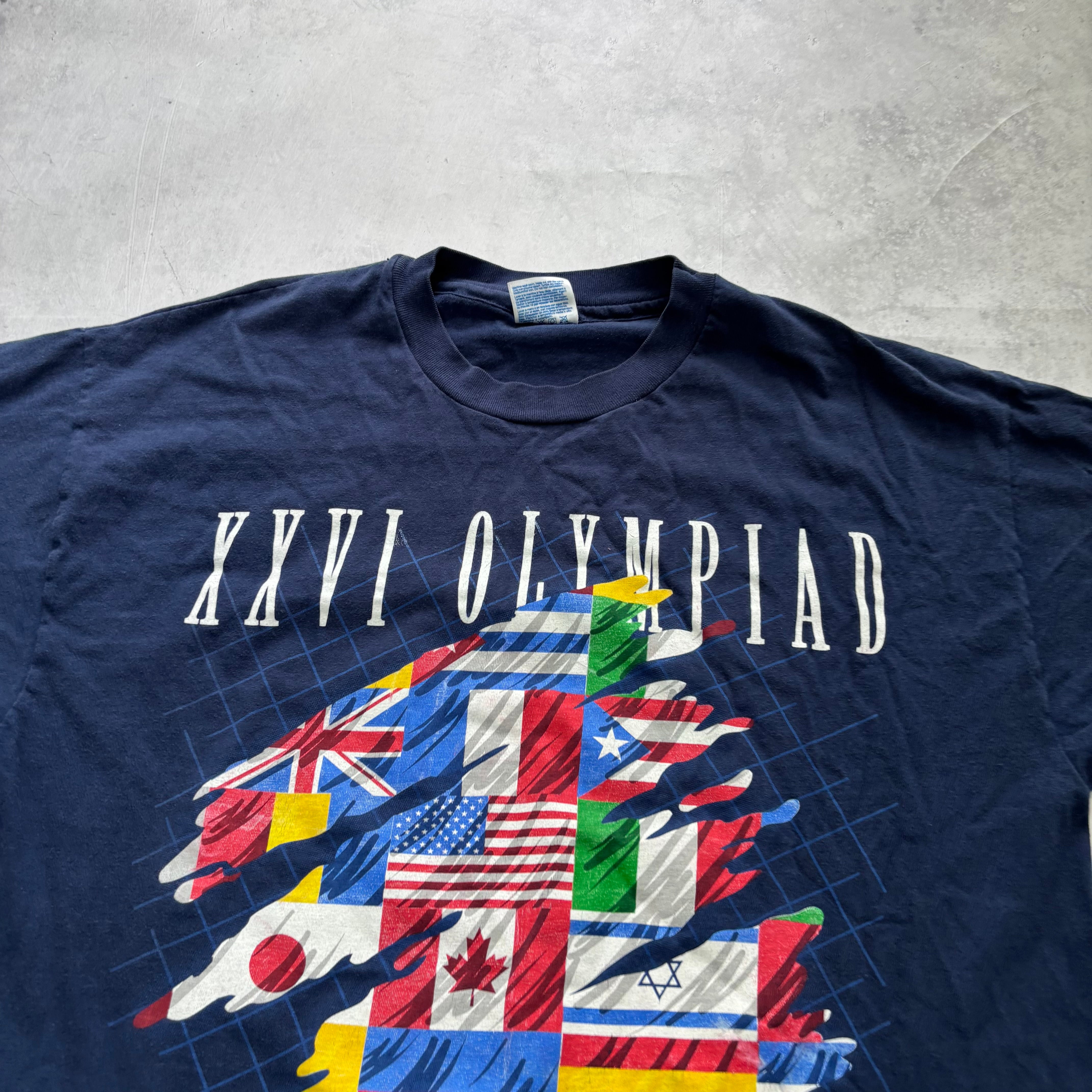 Vintage T Shirt Mens Large Navy Blue Single Stitch Graphic Print 90s Olympics
