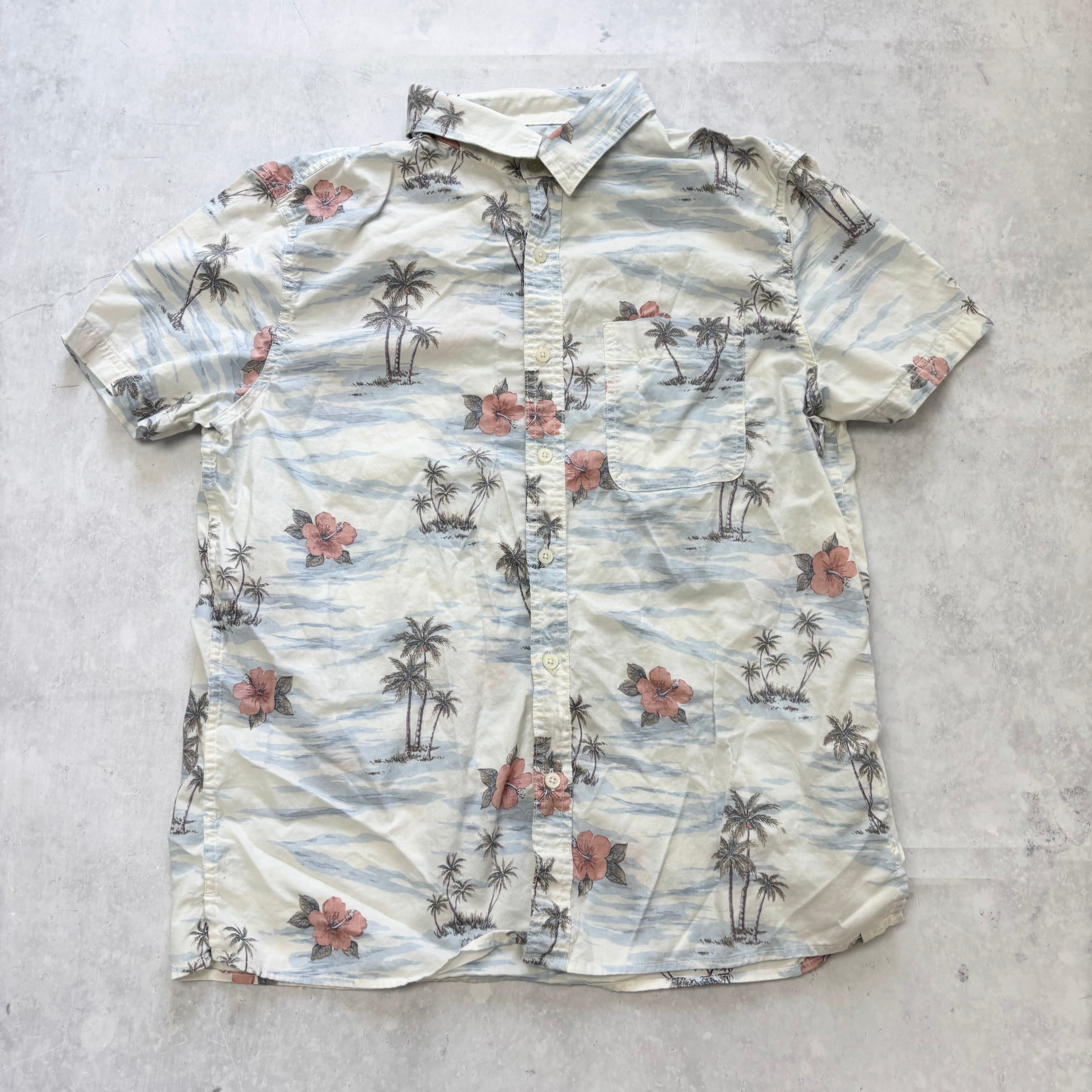 American Eagle Hawaiian Shirt Mens Large White Short Sleeve Cotton Slim Fit