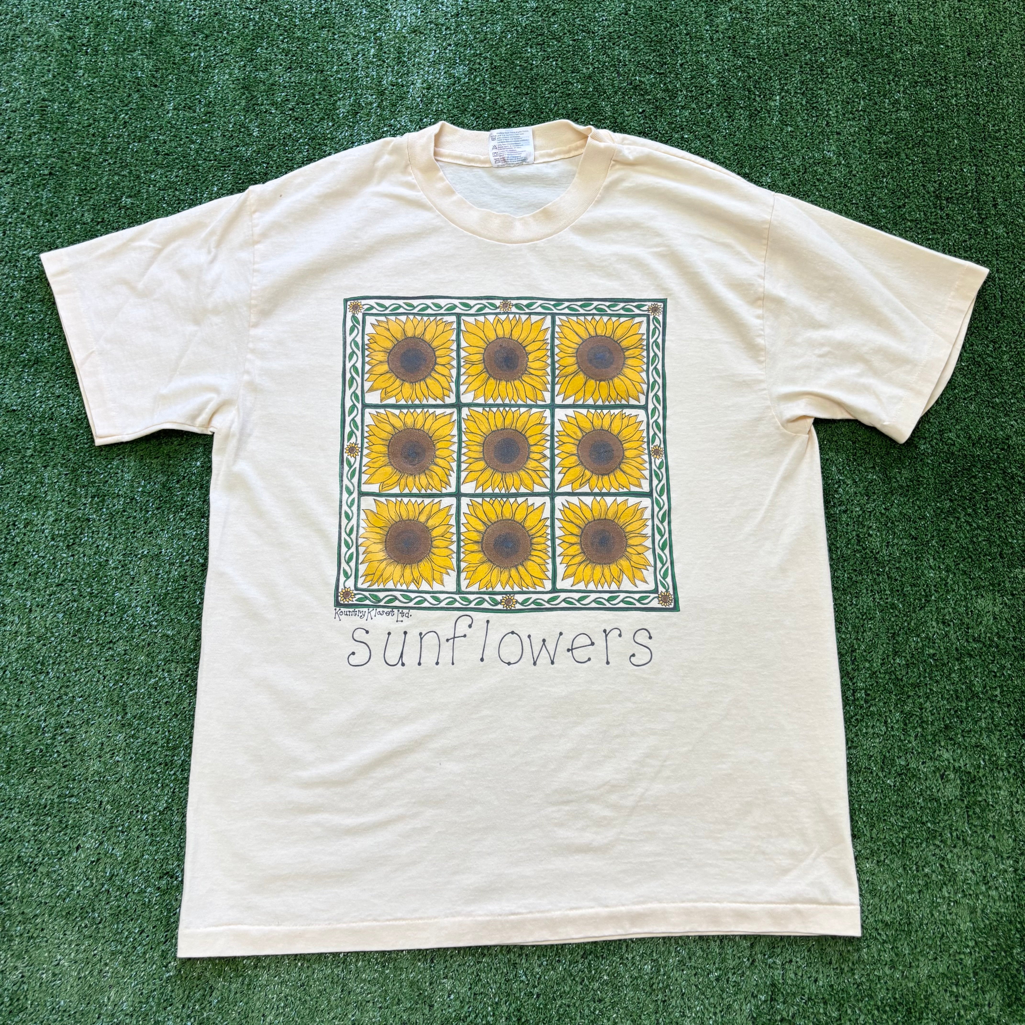 Vintage T Shirt Mens Medium Yellow Single Stitch Graphic Print 90s Sunflower