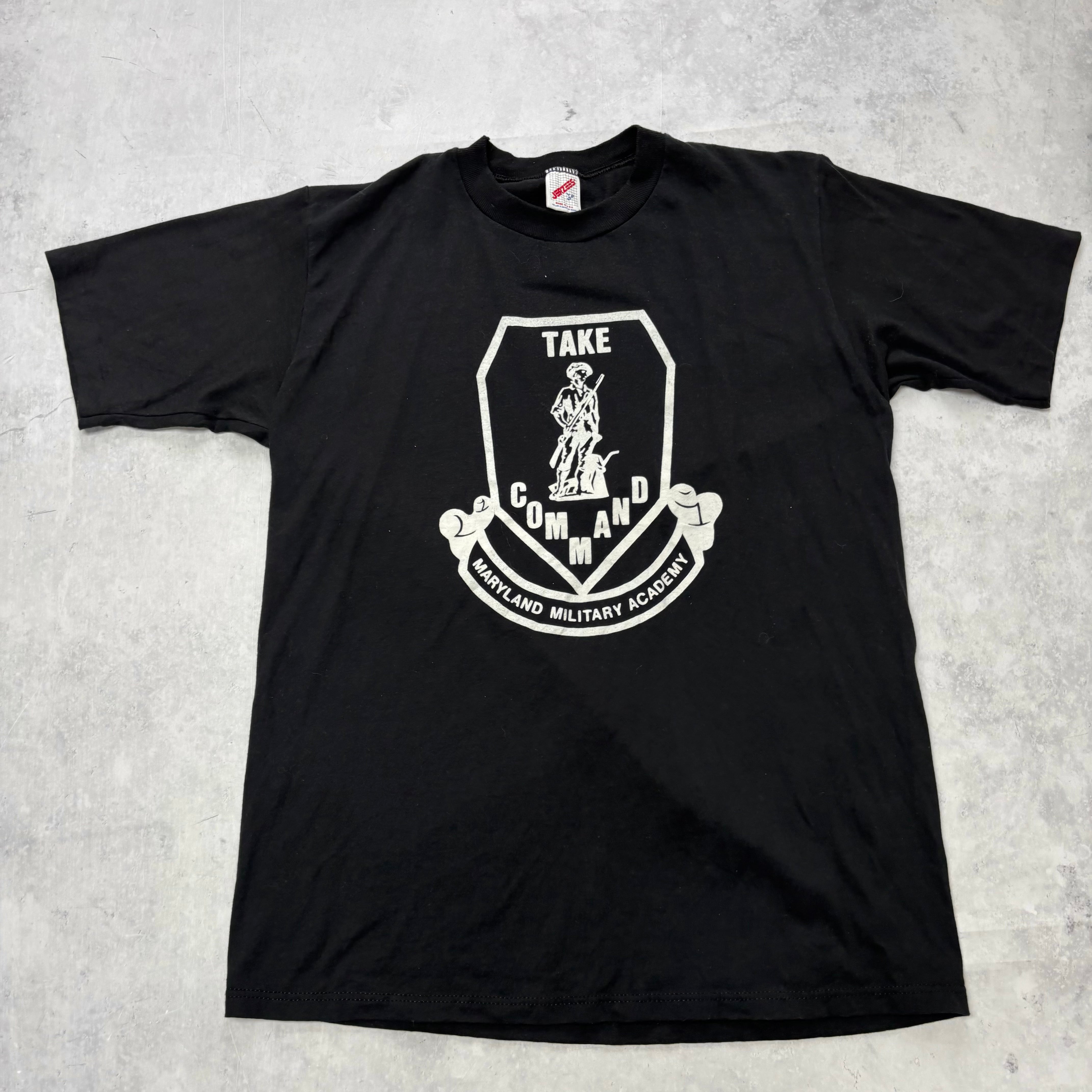 Vintage T Shirt Mens Medium Black Single Stitch Graphic Print 80s Military (E)