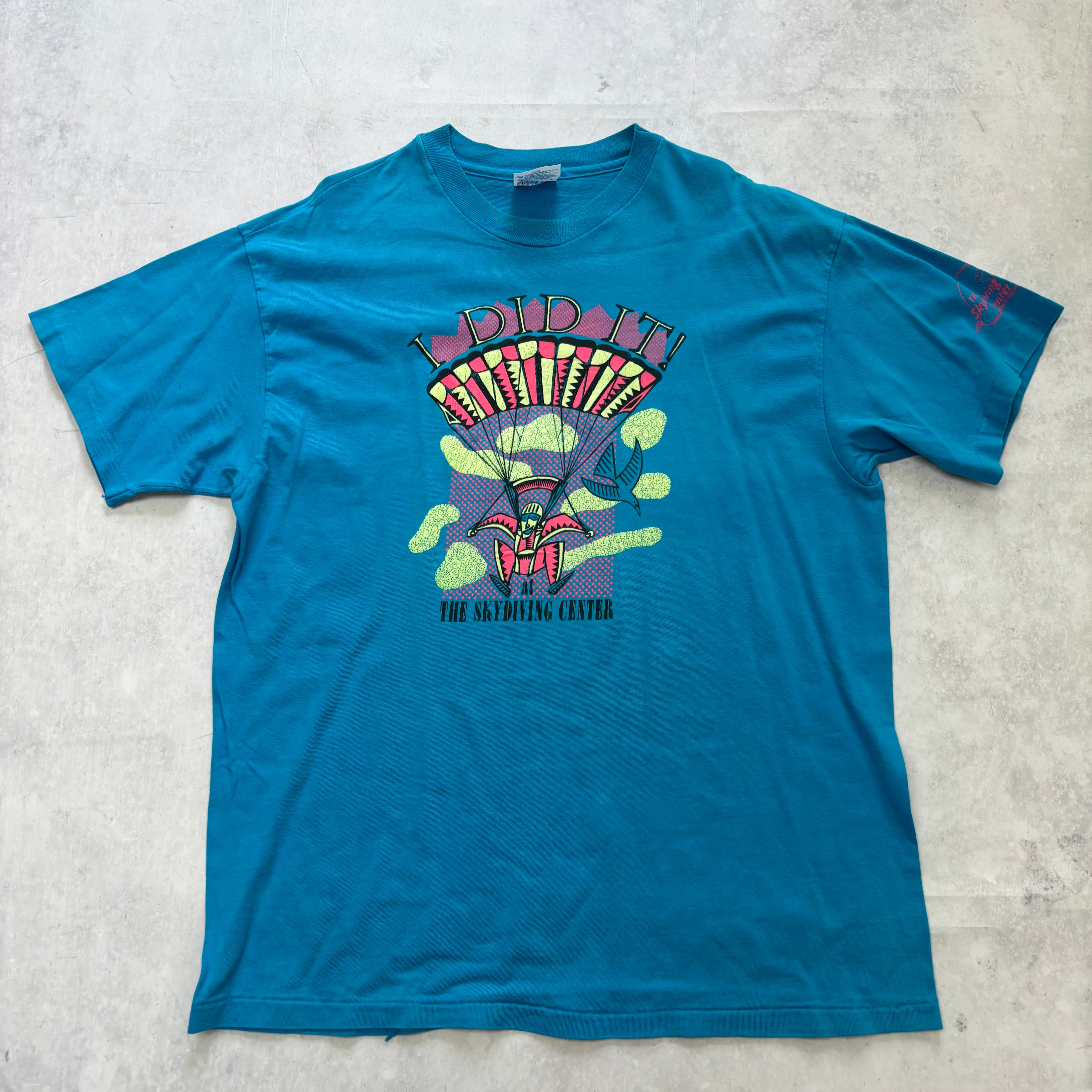 Vintage T Shirt Mens Large Blue Single Stitch Graphic Print 90s Skydiving (E)