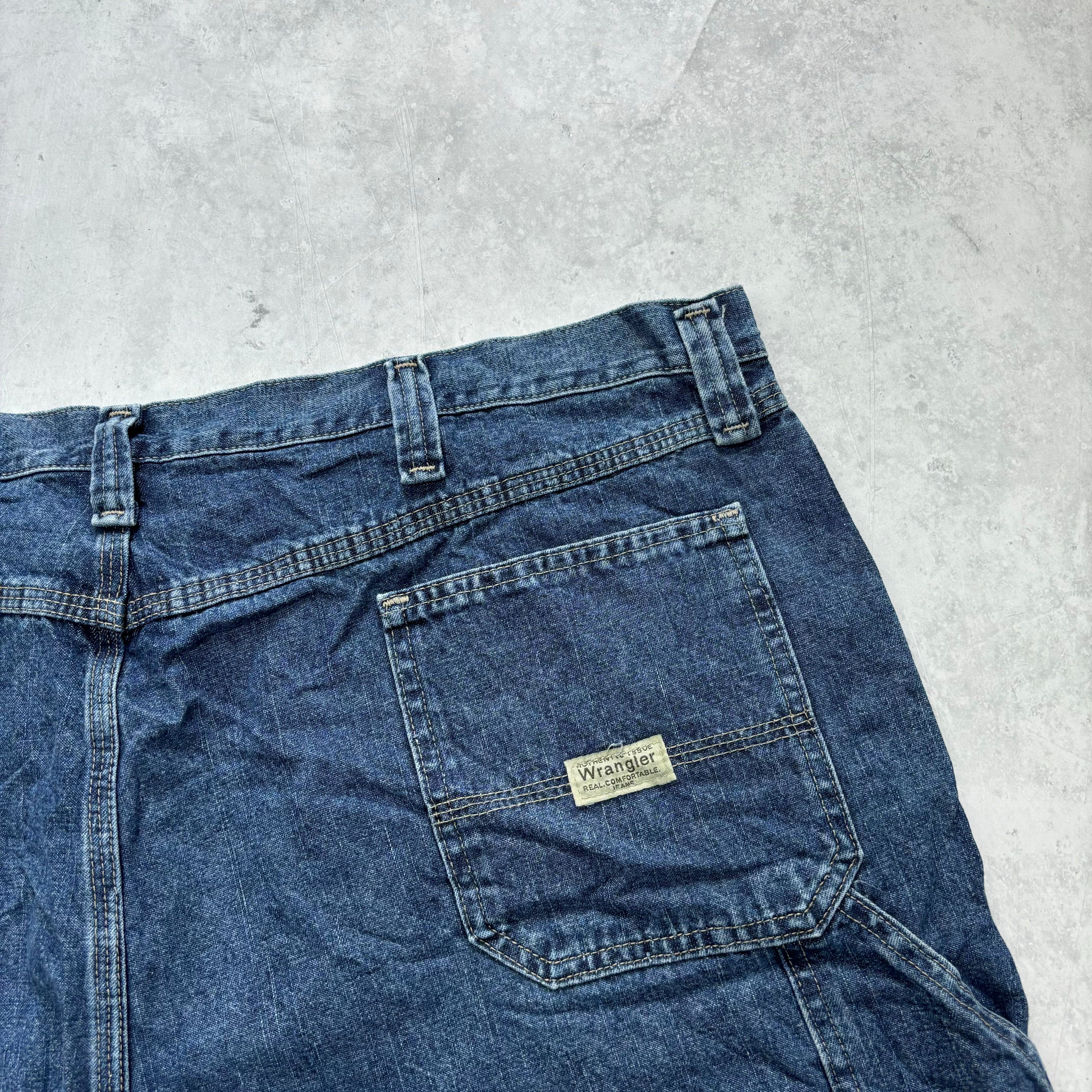 Vintage Wrangler Jorts W46 Mens Denim Shorts Dark Blue Baggy Relaxed Carpenter