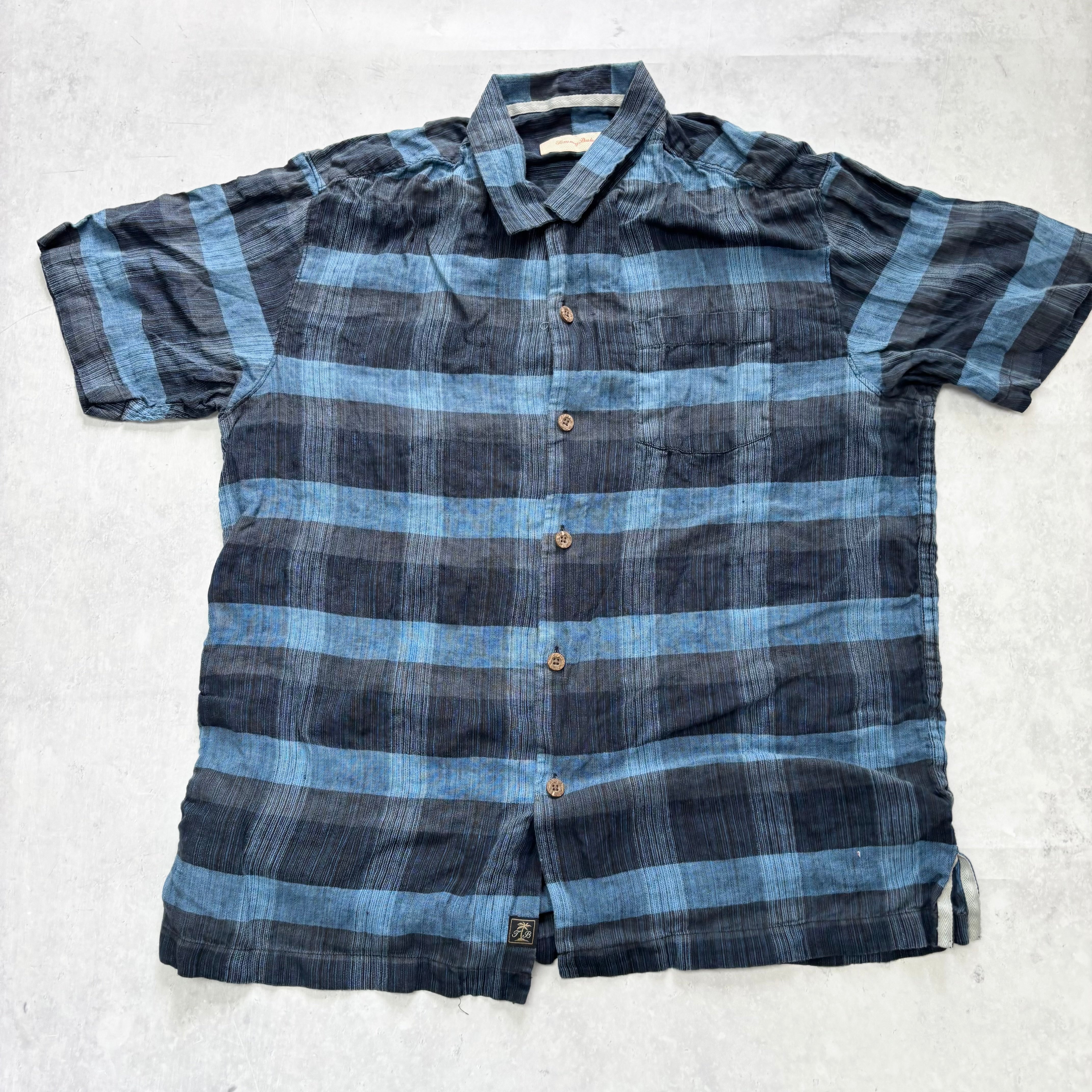 Vintage Tommy Bahama Shirt Mens Medium Navy Blue Check Linen (E)