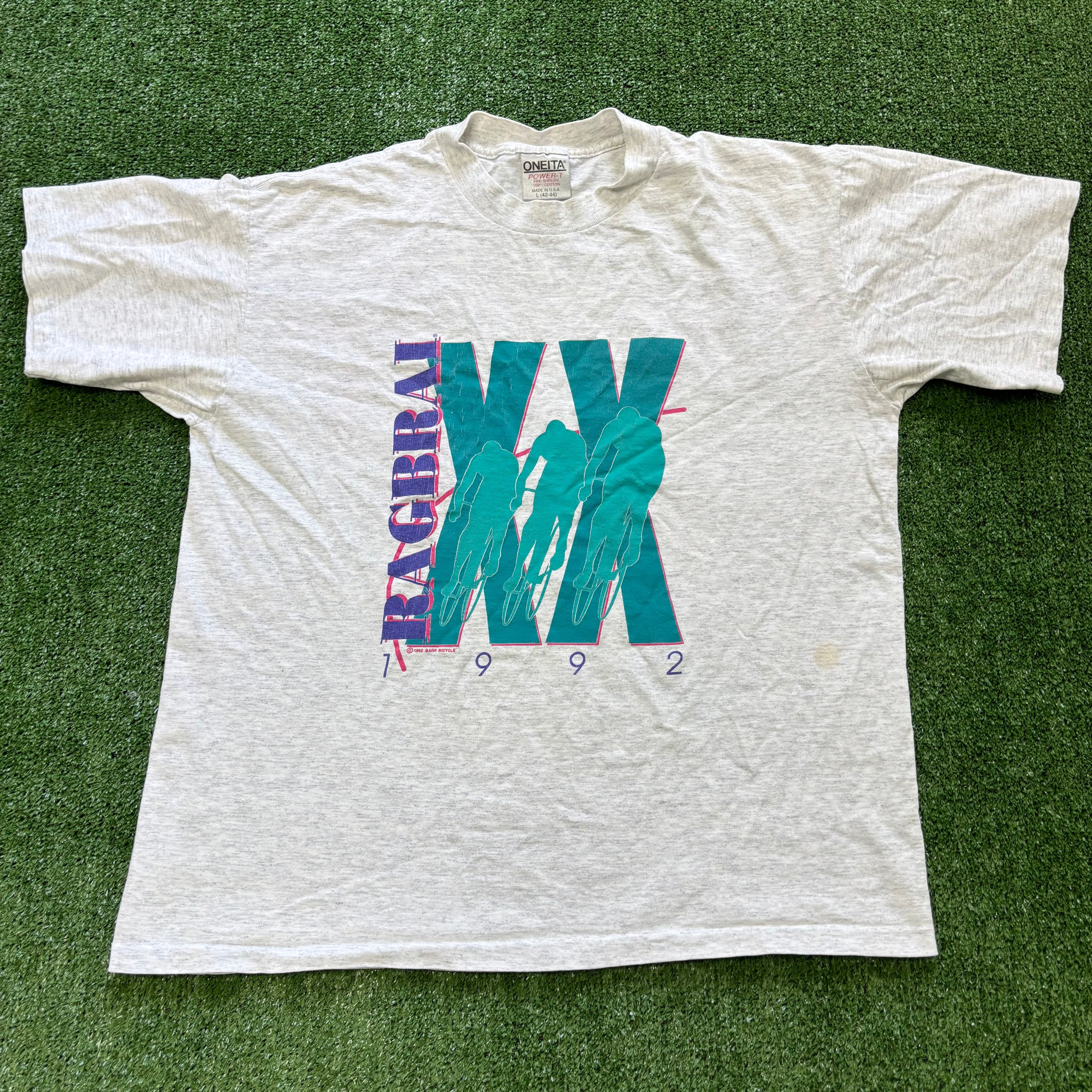 Vintage T Shirt Mens Large Grey Single Stitch Graphic Print 90s Cycling