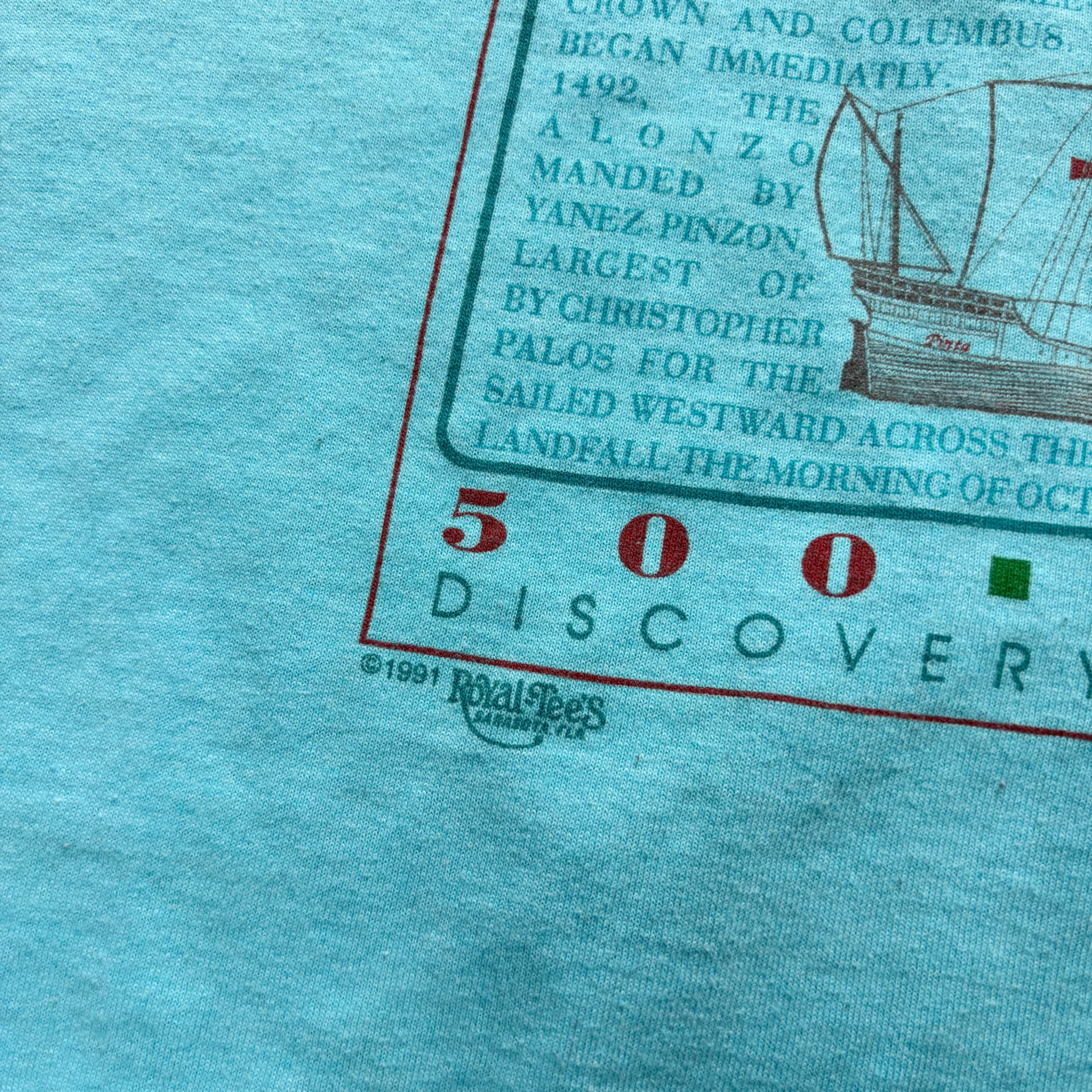 Vintage T Shirt Mens XS Blue Single Stitch Graphic Print 90s Columbus (E)