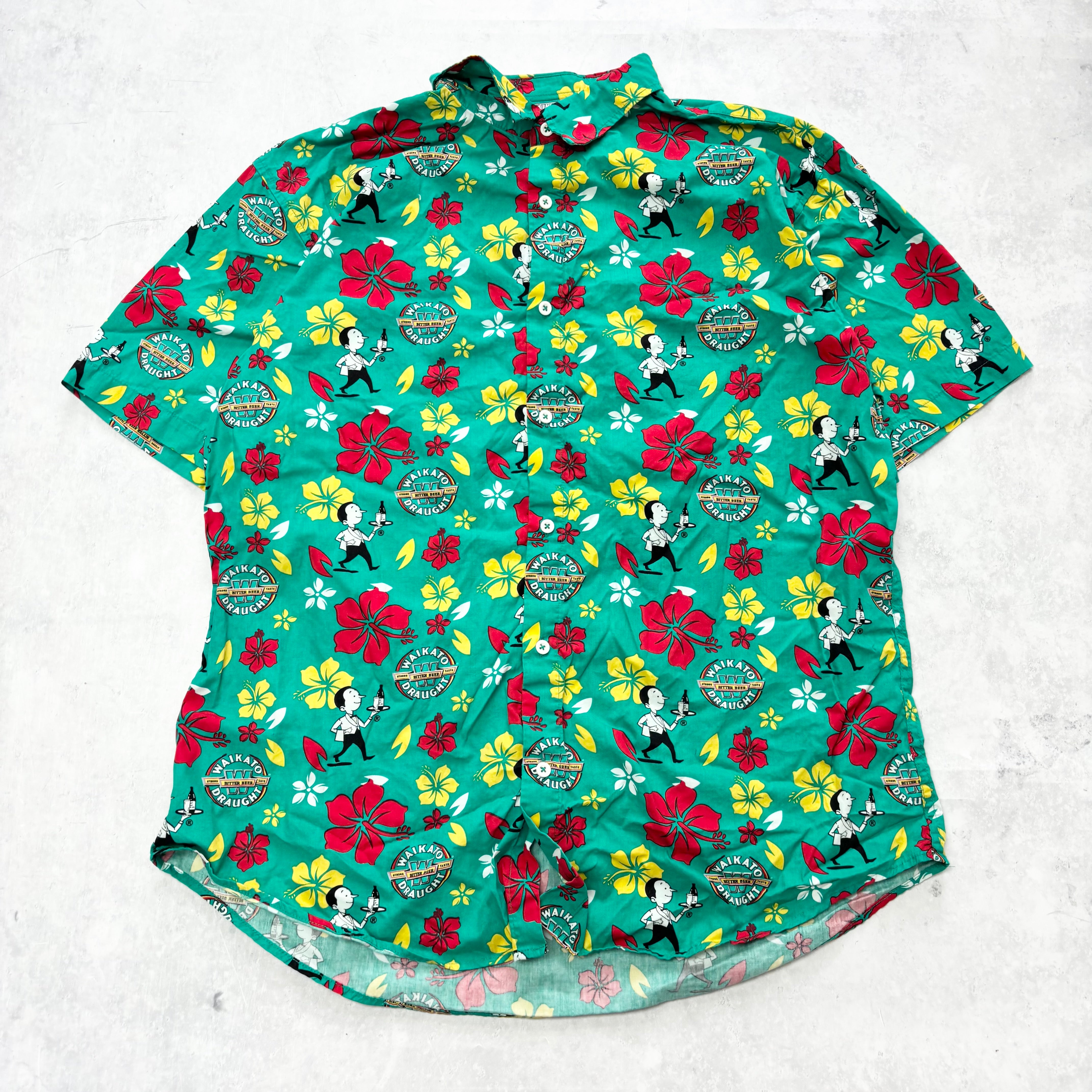 Hawaiian Shirt Mens XL Green Floral Aloha Short Sleeve Beer Cotton (E)