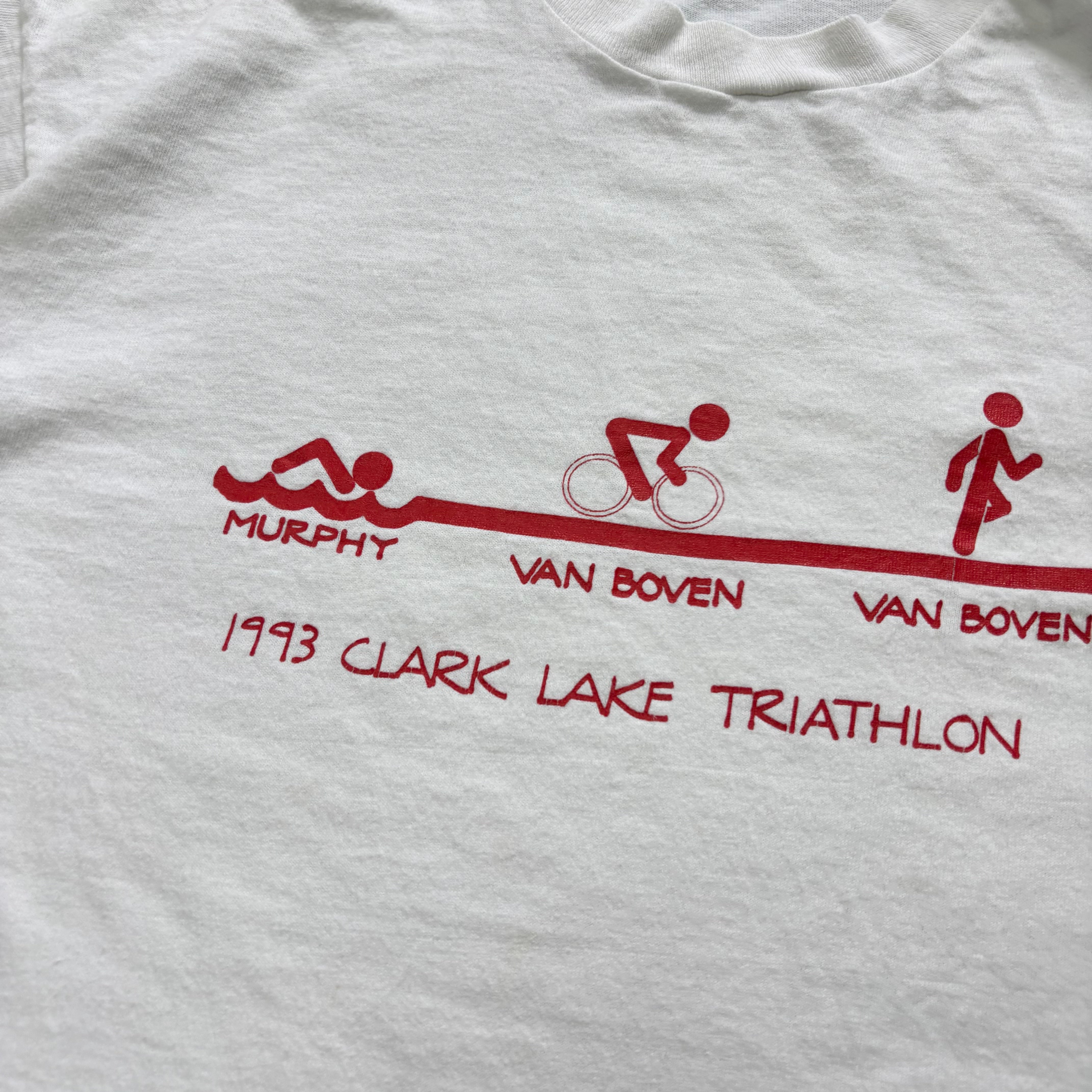 Vintage T Shirt Mens Large White Single Stitch Graphic Print 90s Triathlon (E)