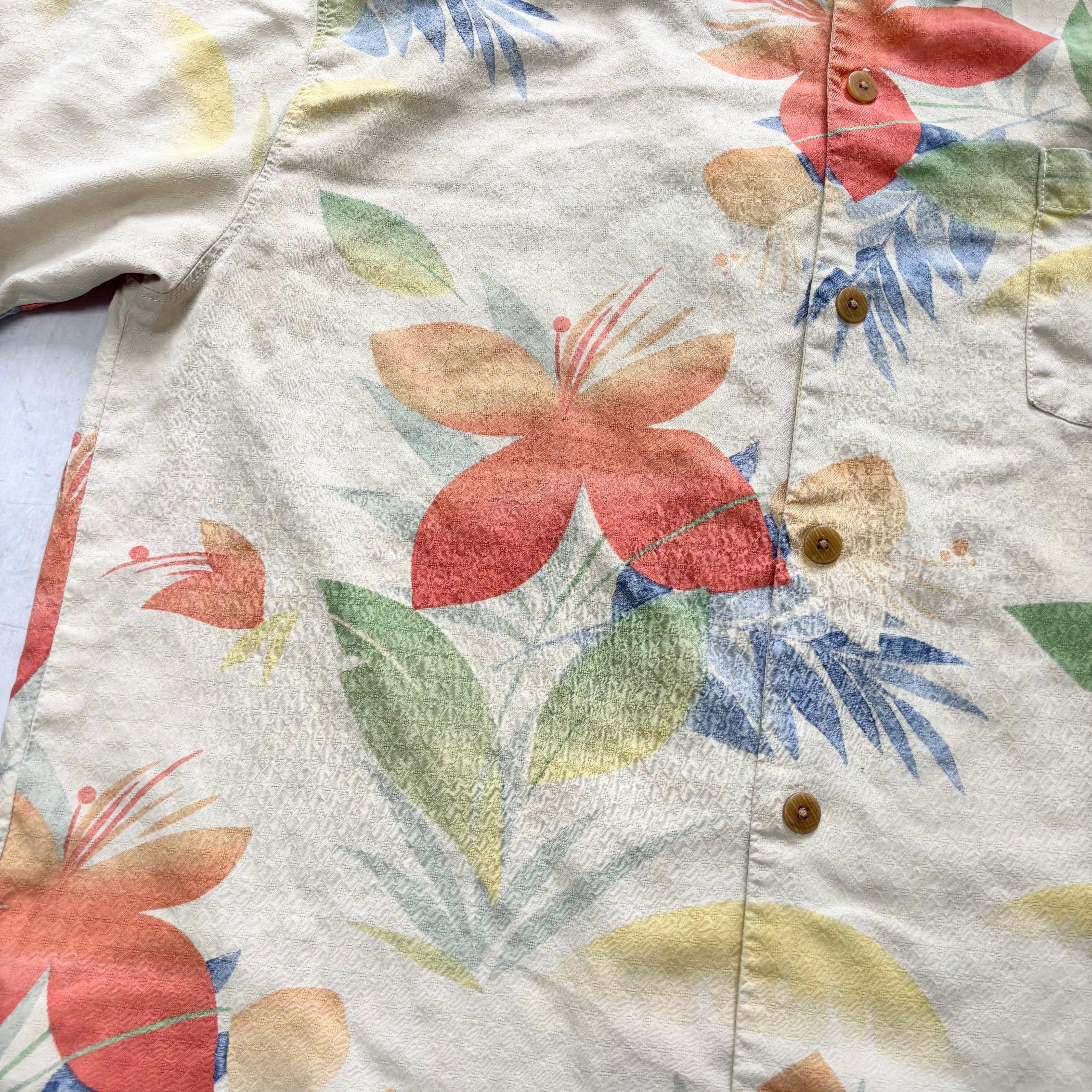 Vintage Hawaiian Shirt Mens Large Beige Floral Aloha Tommy Bahama Silk (E)