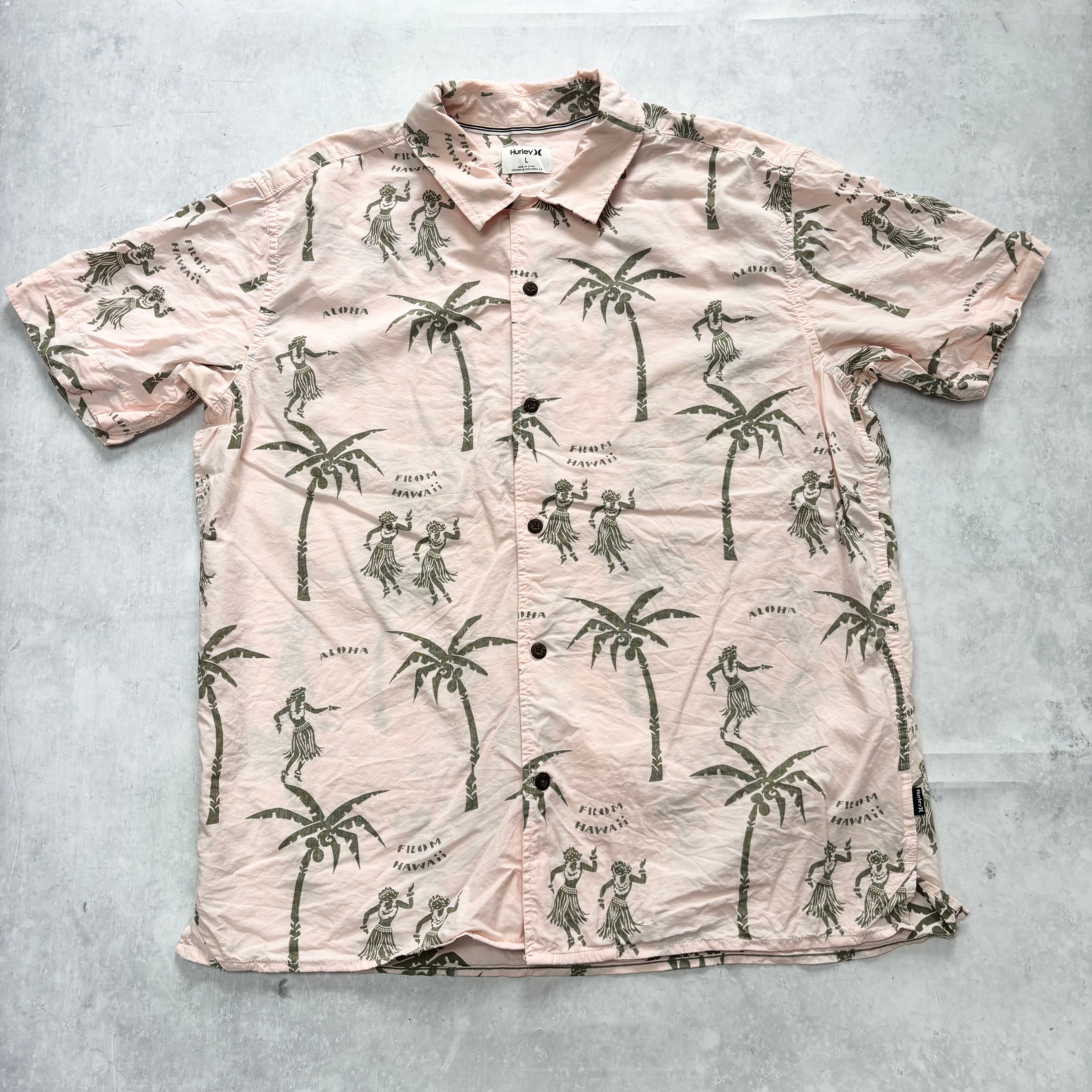 Hurley Hawaiian Shirt Mens Large Pink Floral Aloha Short Sleeve Surf (E)