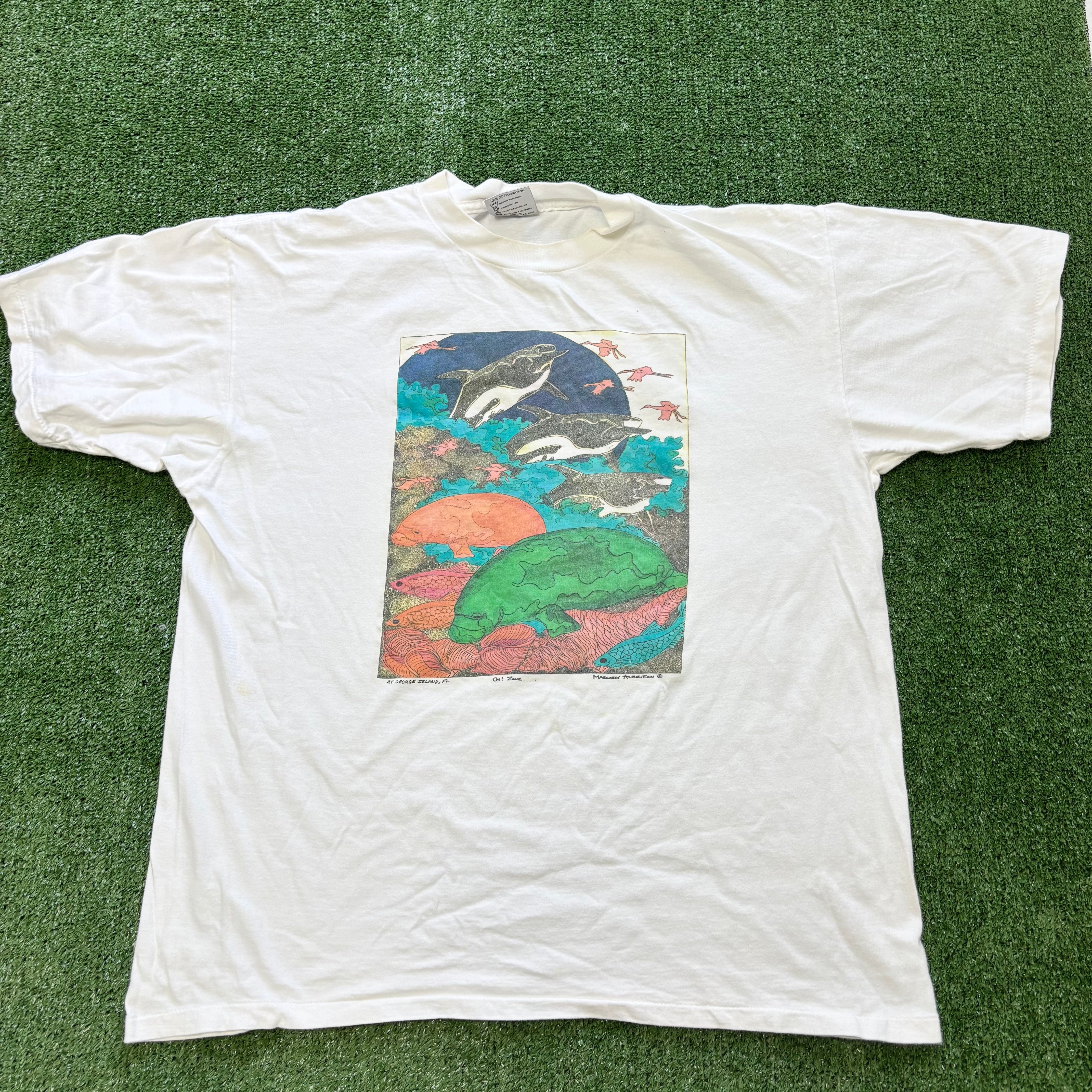 Vintage T Shirt Mens Large White Single Stitch Graphic Print 90s Nature