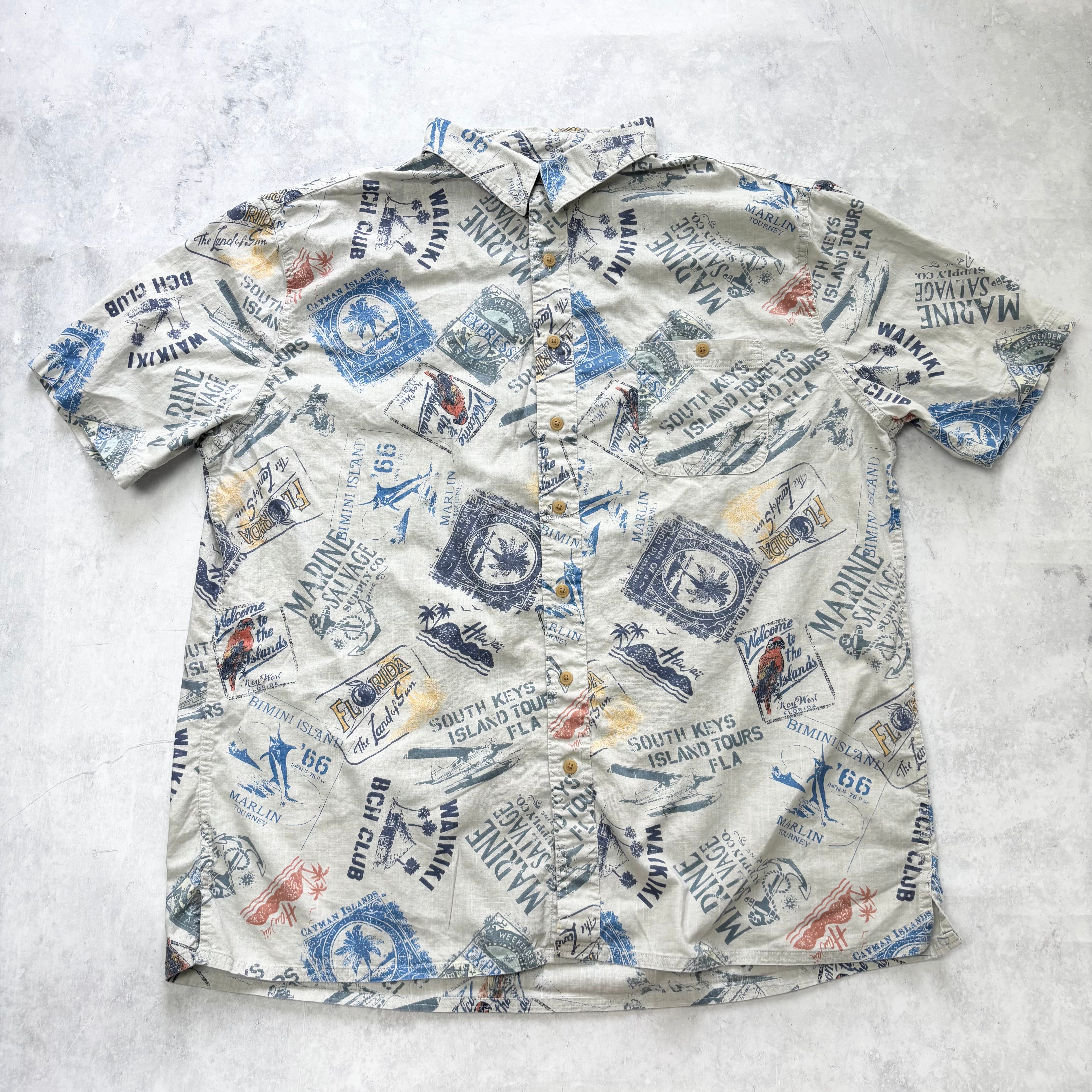 Hawaiian Shirt Mens XXL Grey Floral Aloha Short Sleeve Cotton Funky (E)