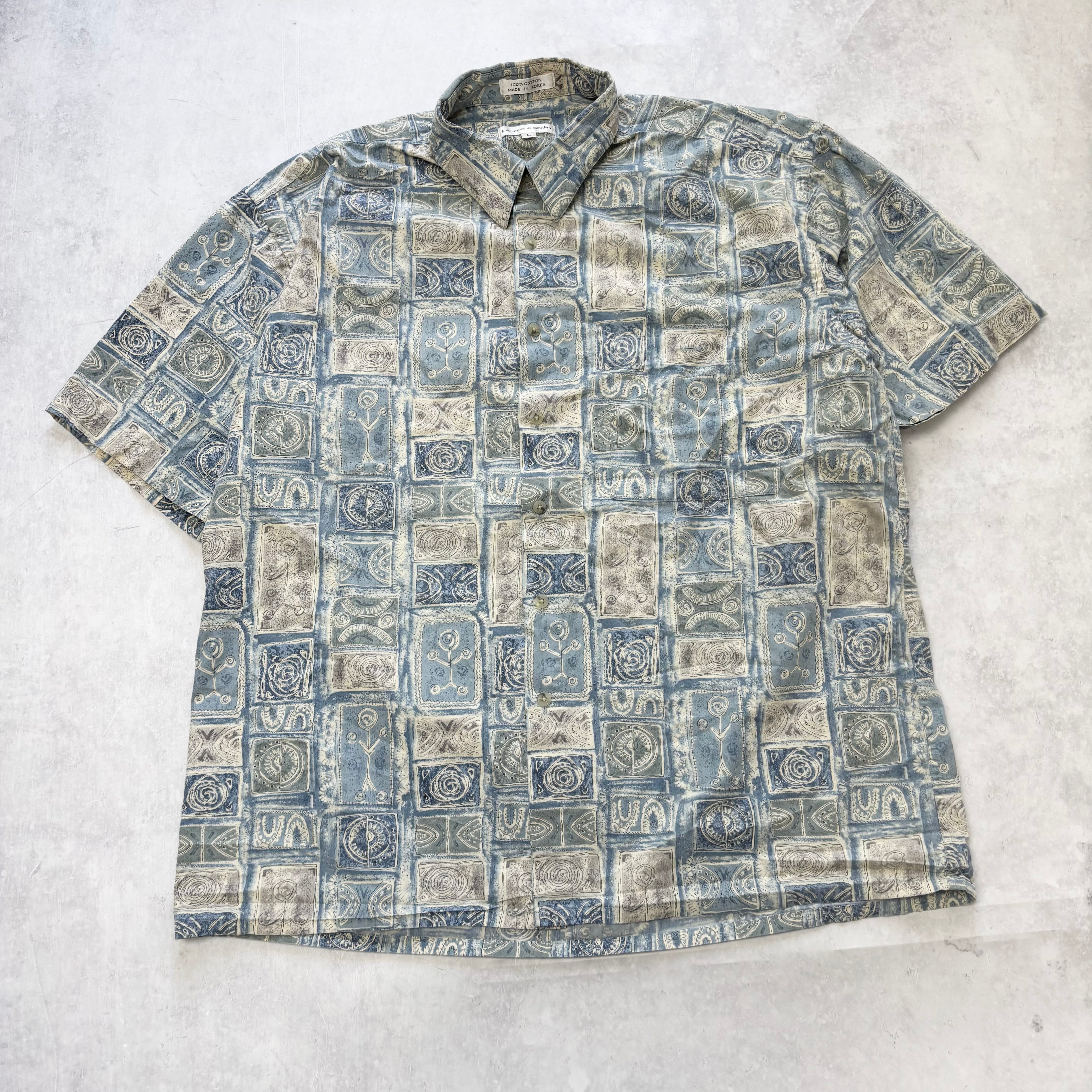 Vintage Hawaiian Shirt Mens Large Blue Pattern Abstact Short Sleeve Rayon (E)
