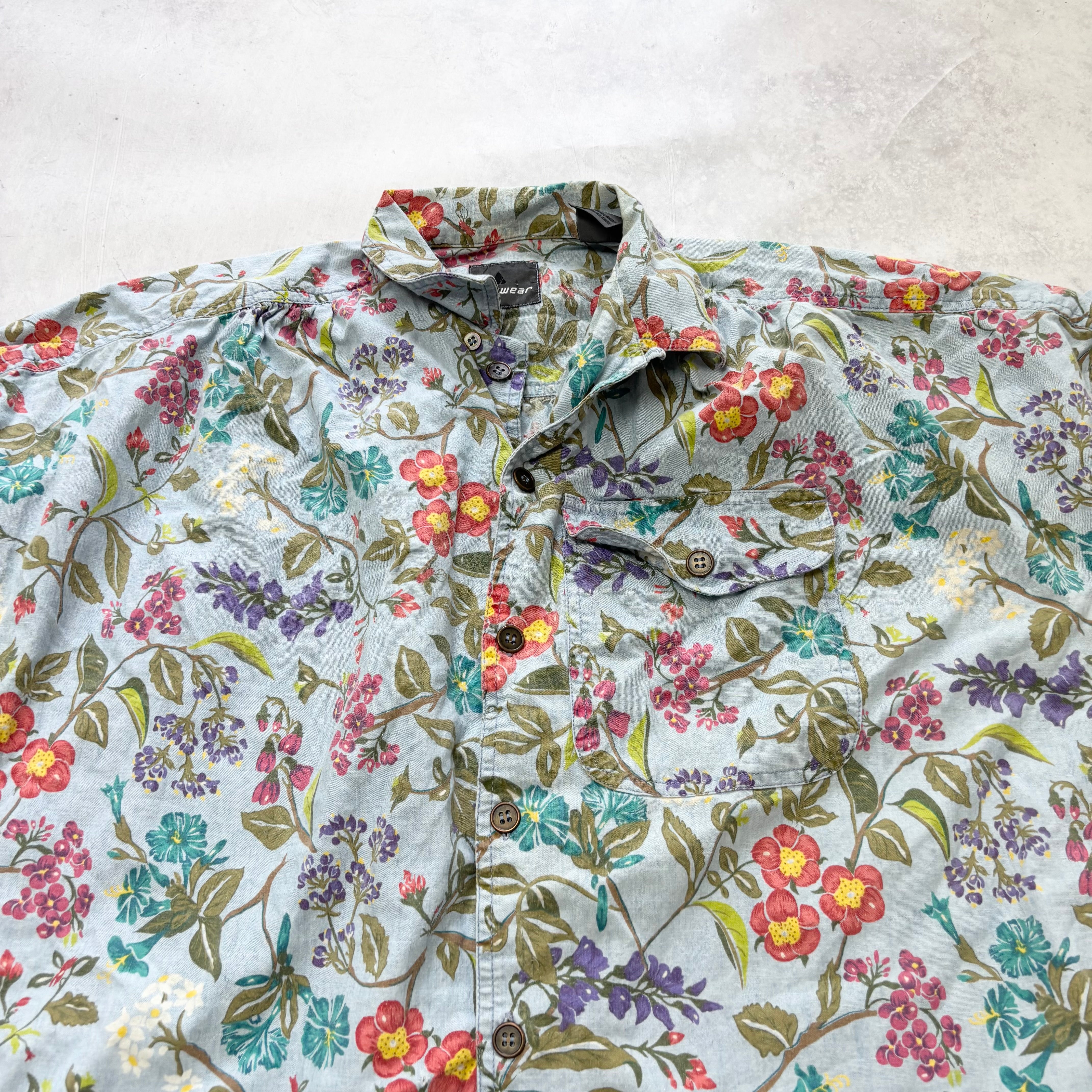 Hawaiian Shirt Mens Large Blue Floral Aloha Short Sleeve Cotton Sleeveless (E)