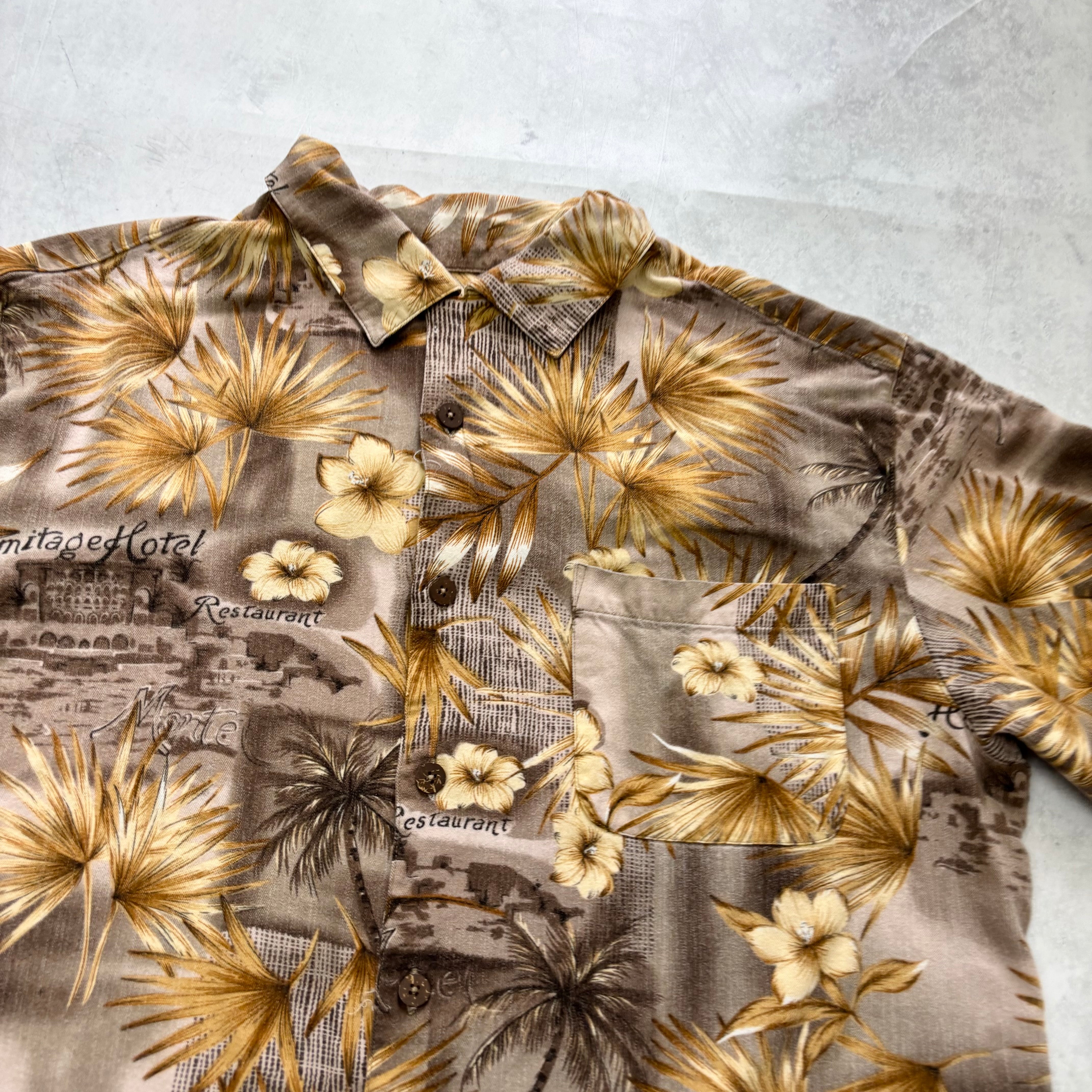 Vintage Hawaiian Shirt Mens Large Brown Floral Aloha Short Sleeve Rayon (E)