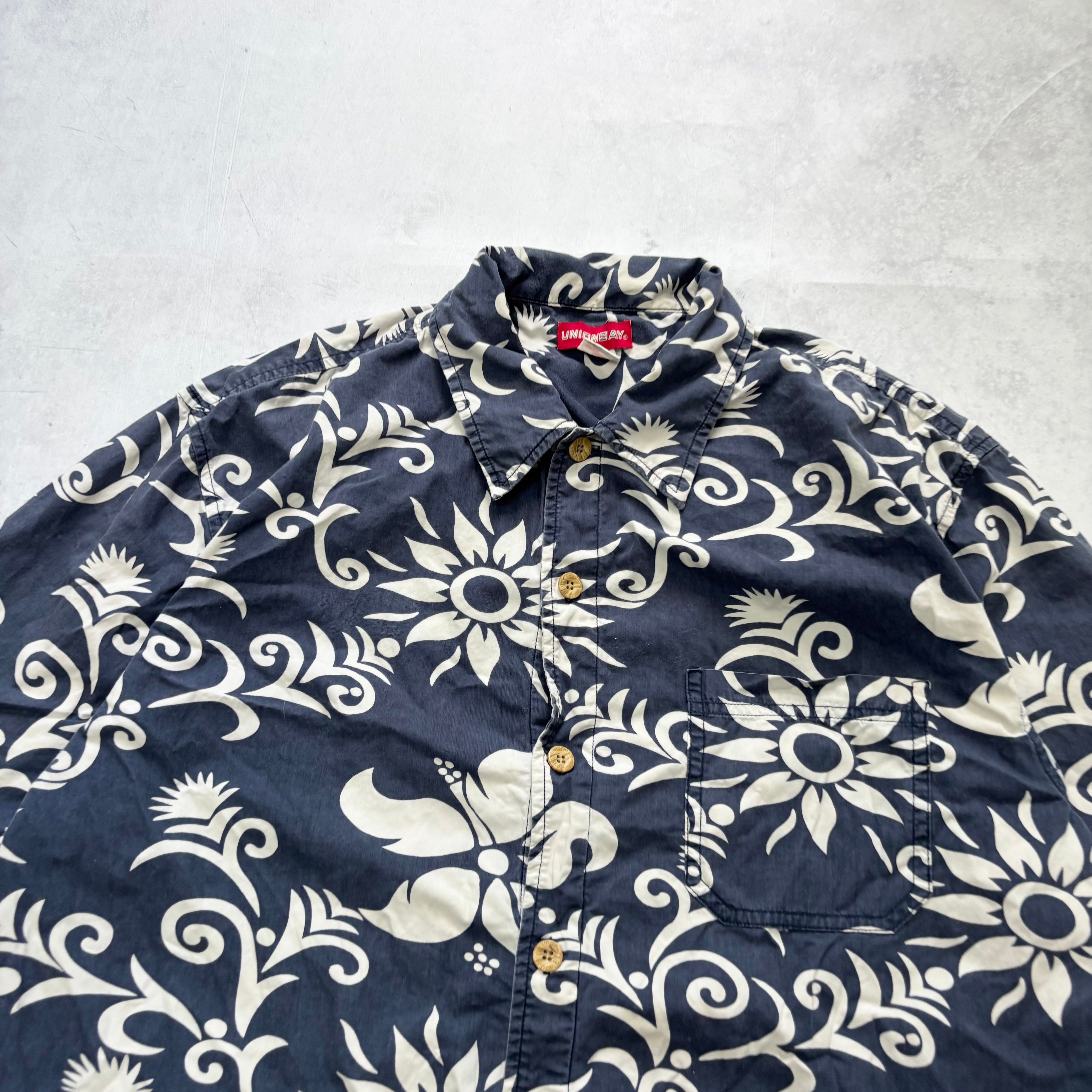 Vintage Hawaiian Shirt Mens Large Navy Floral Aloha Short Sleeve Cotton (E)