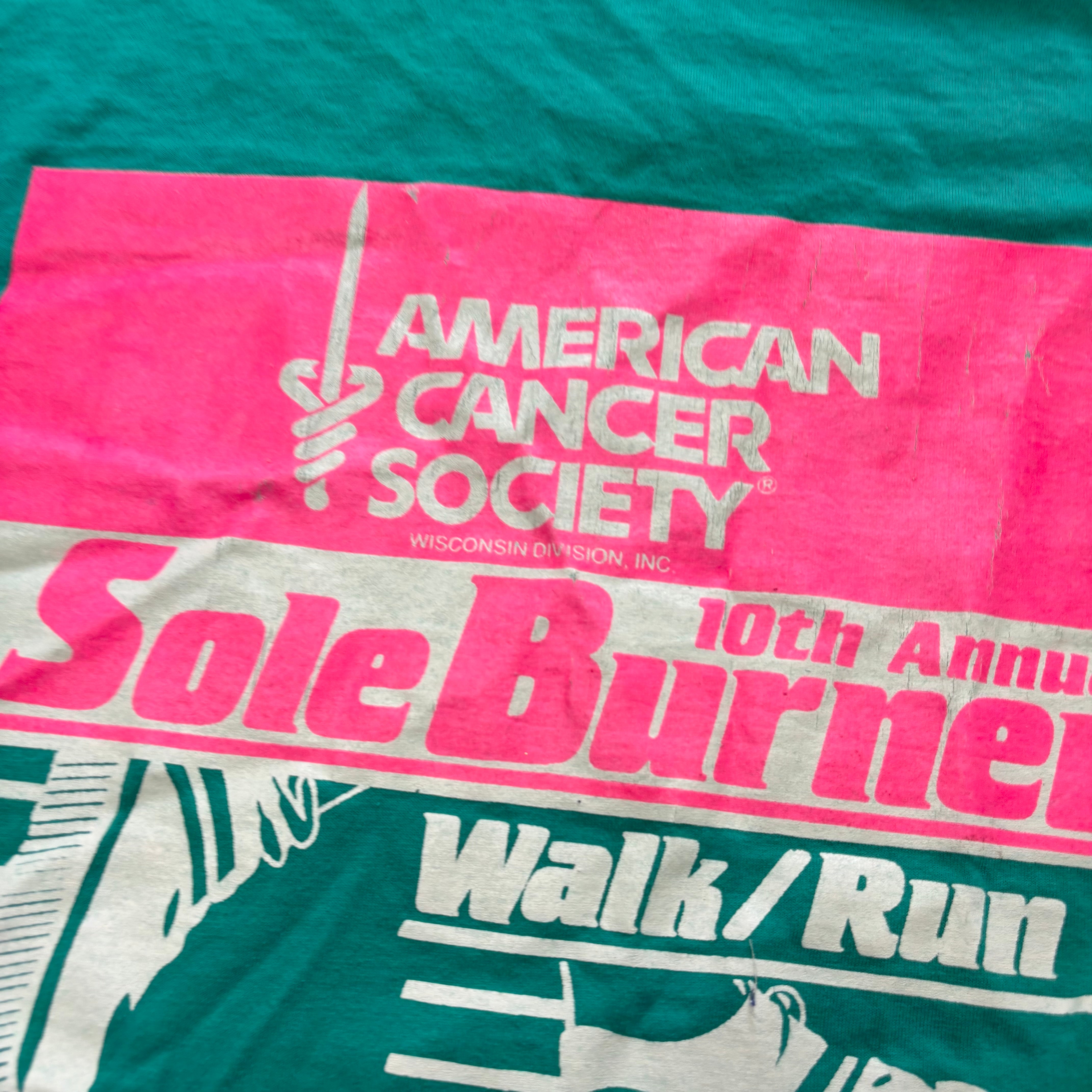 Vintage T Shirt Mens Medium Teal Green Single Stitch Graphic Print 90s Run (E)