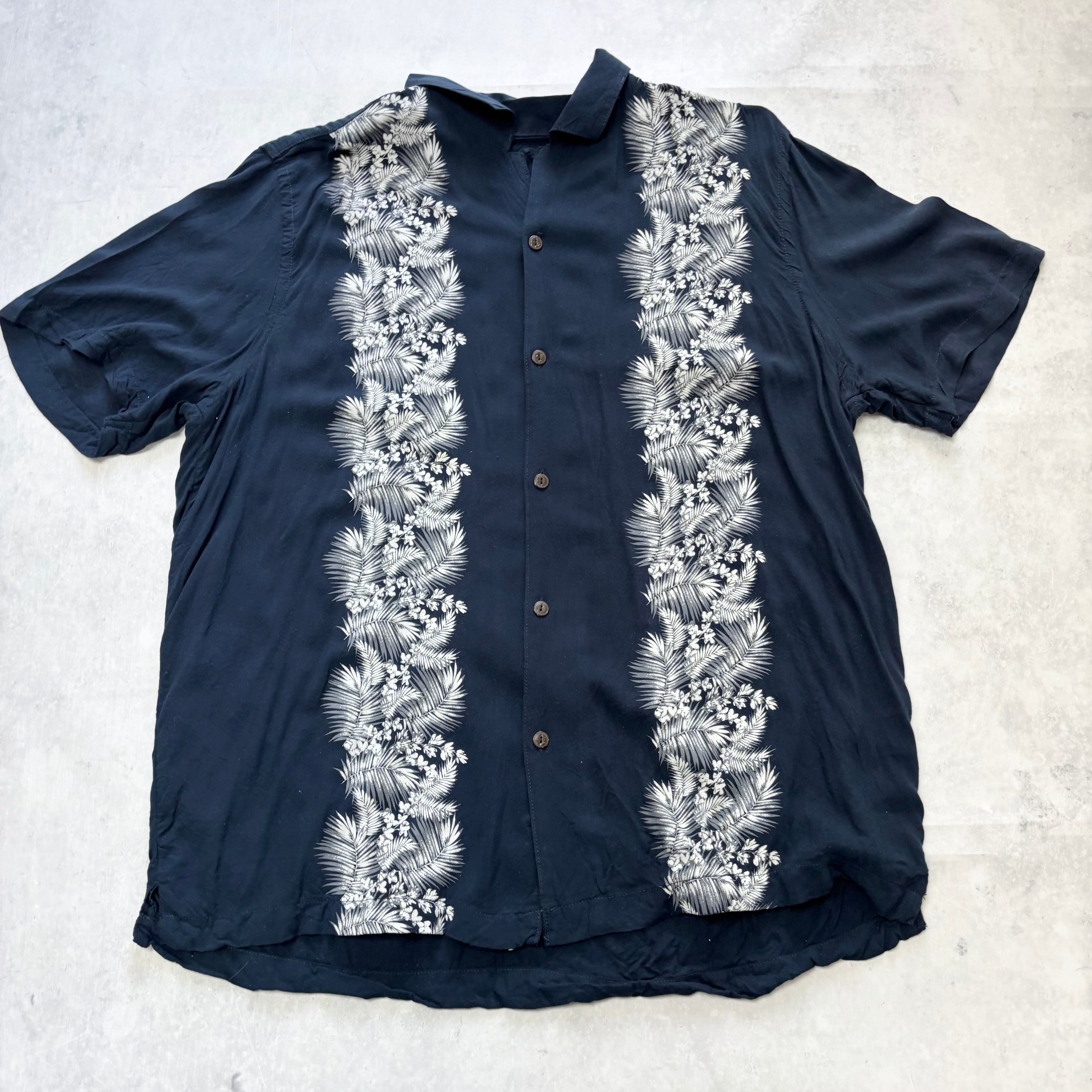 Hawaiian Shirt Mens Large Navy Floral Aloha Short Sleeve Rayon (E)