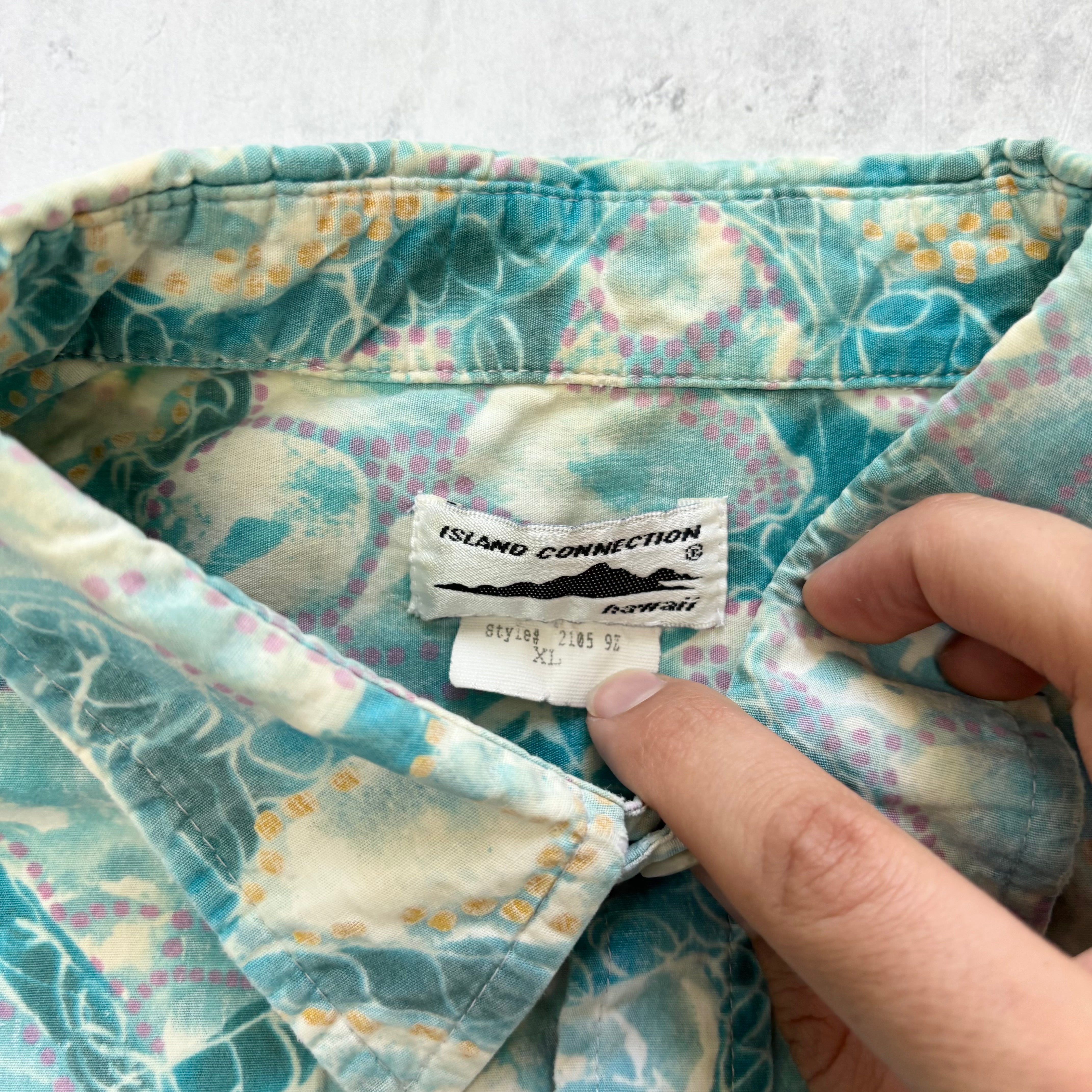 Vintage Hawaiian Shirt Mens Large Blue Floral Aloha Short Sleeve Cotton (E)