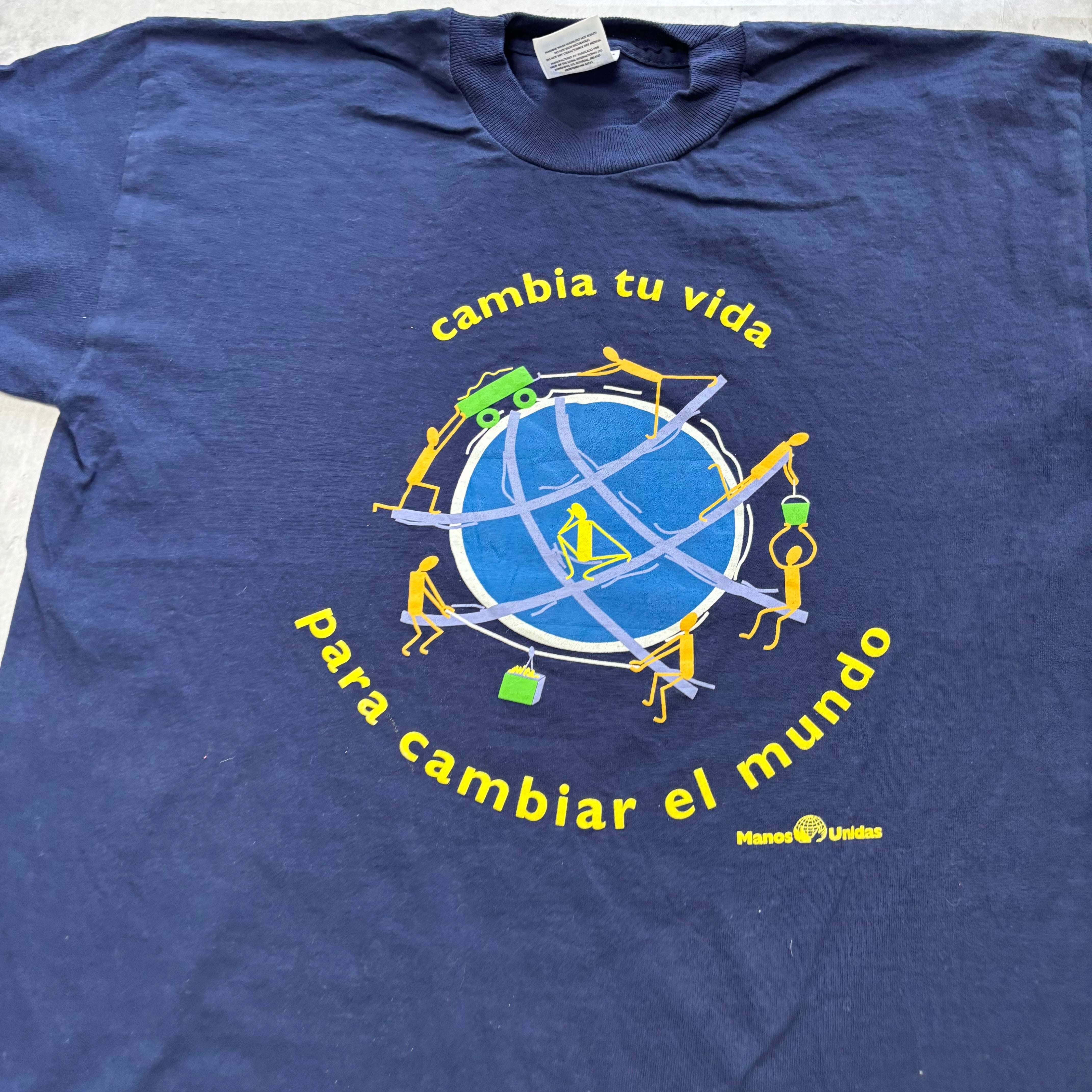 Vintage T Shirt Mens Medium Navy Blue Single Stitch Graphic Print 90s (E)