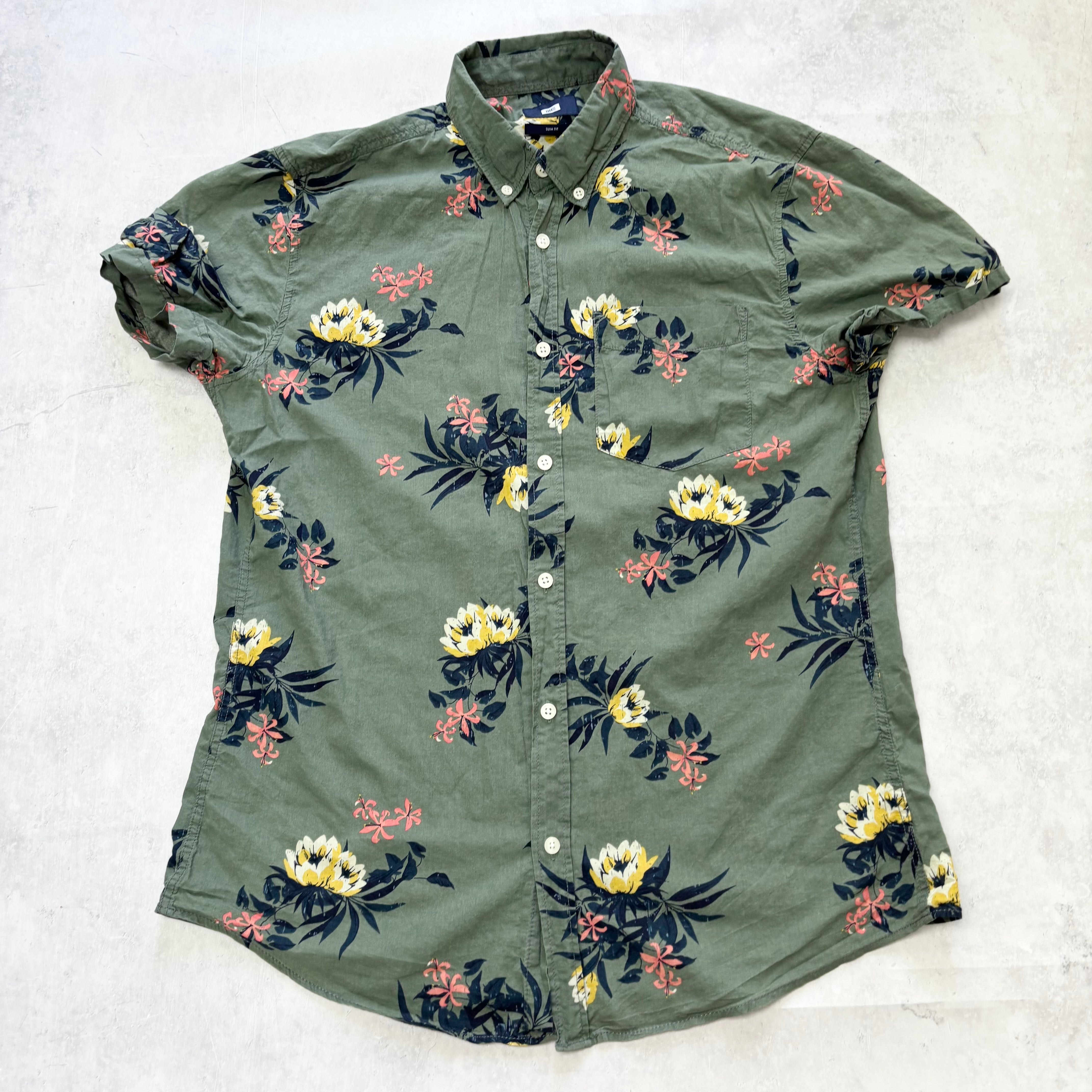 Hawaiian Shirt Mens Large Green Floral Aloha Short Sleeve Cotton Slim Fit (E)