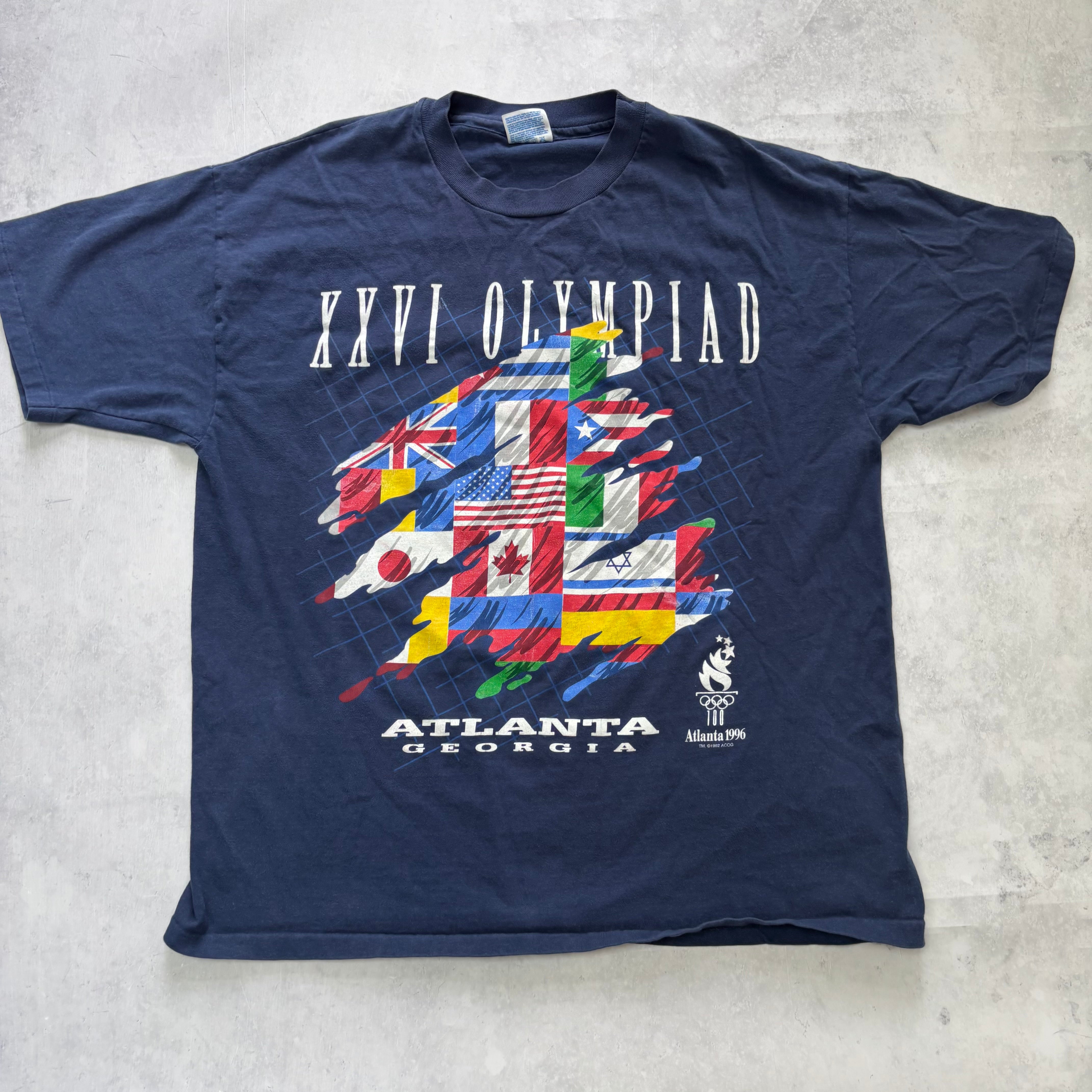 Vintage T Shirt Mens Large Navy Blue Single Stitch Graphic Print 90s Olympics