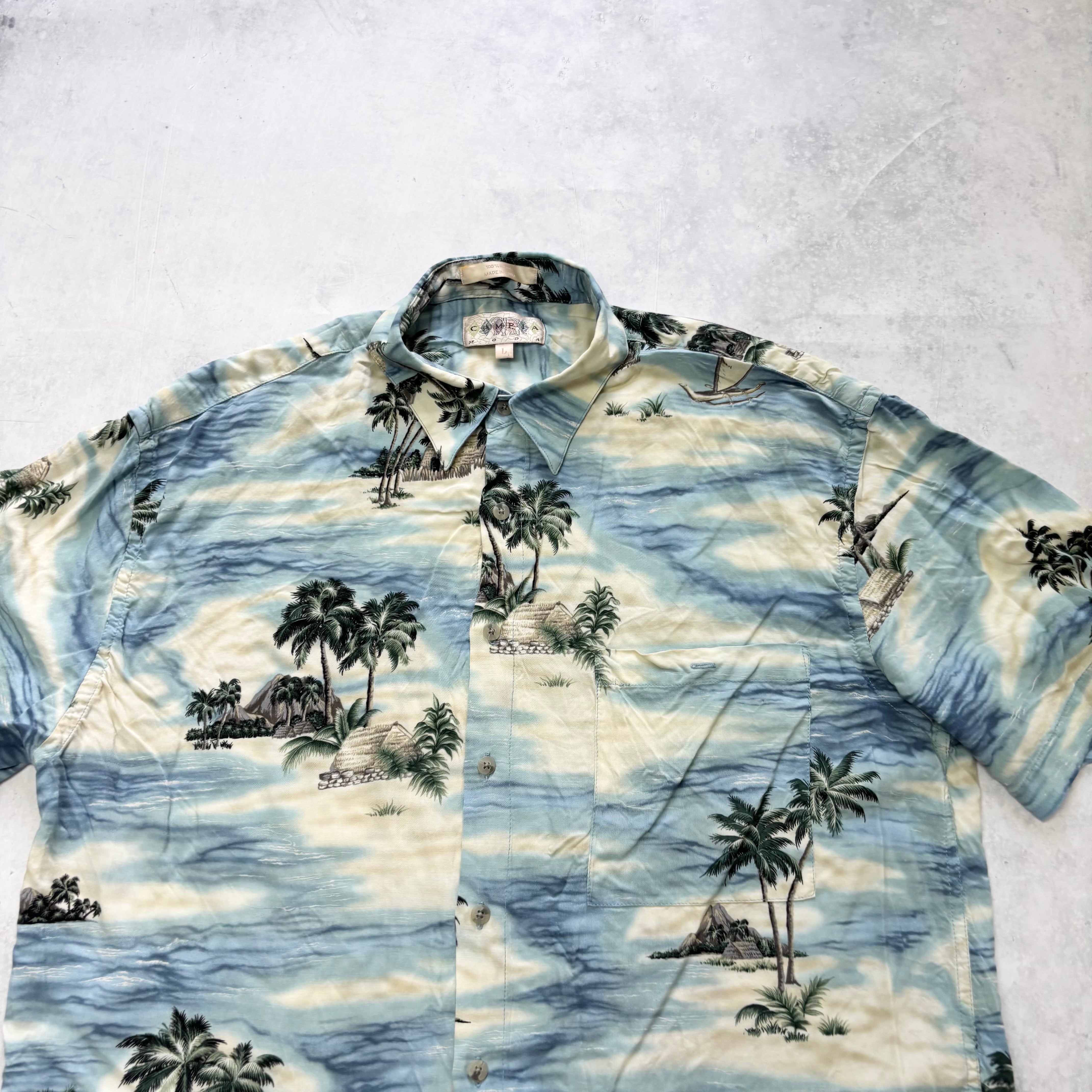 Vintage Hawaiian Shirt Mens Large Blue Floral Aloha Short Sleeve Rayon (E)