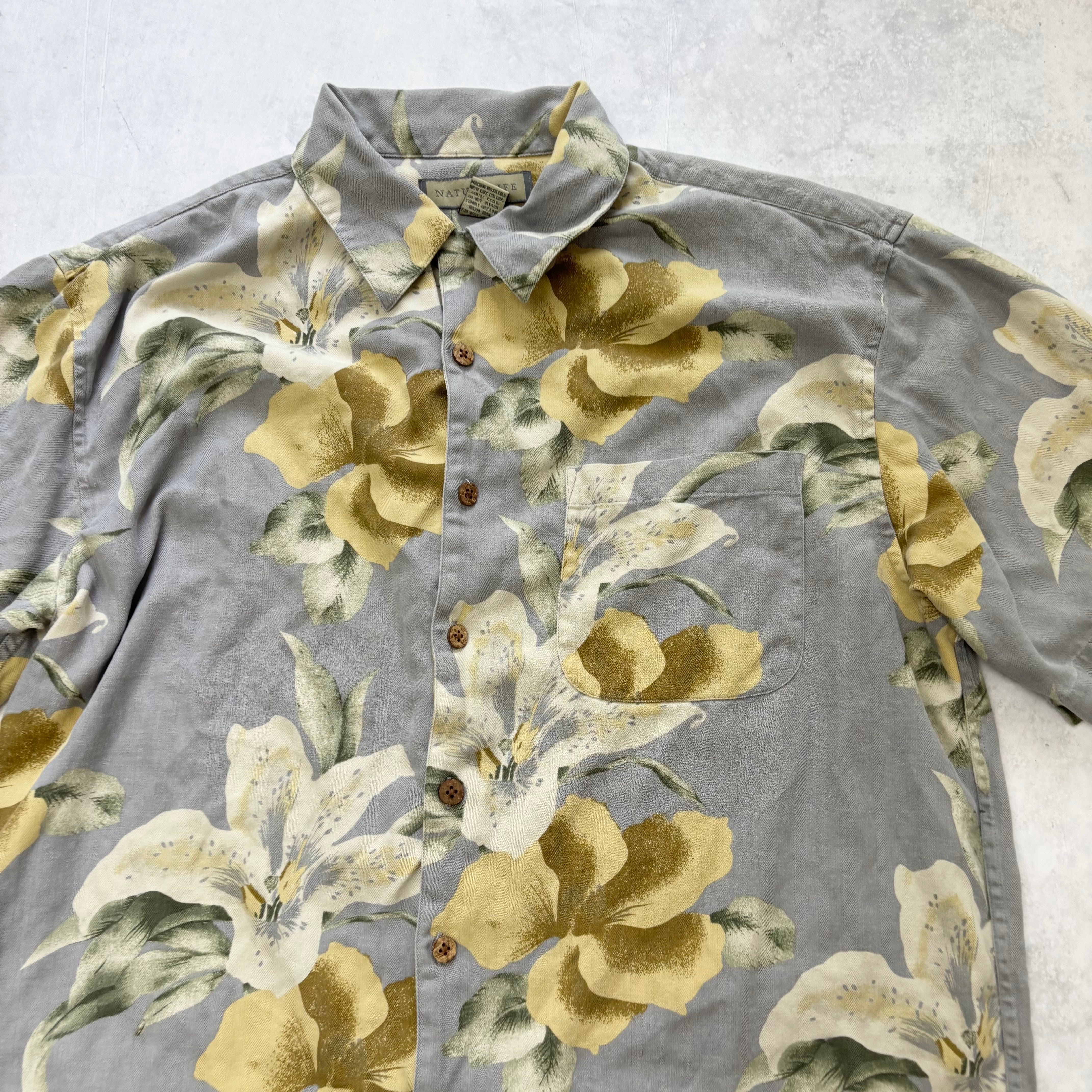 Vintage Hawaiian Shirt Mens Large Blue Silk Aloha Floral Short Sleeve Silk (E)