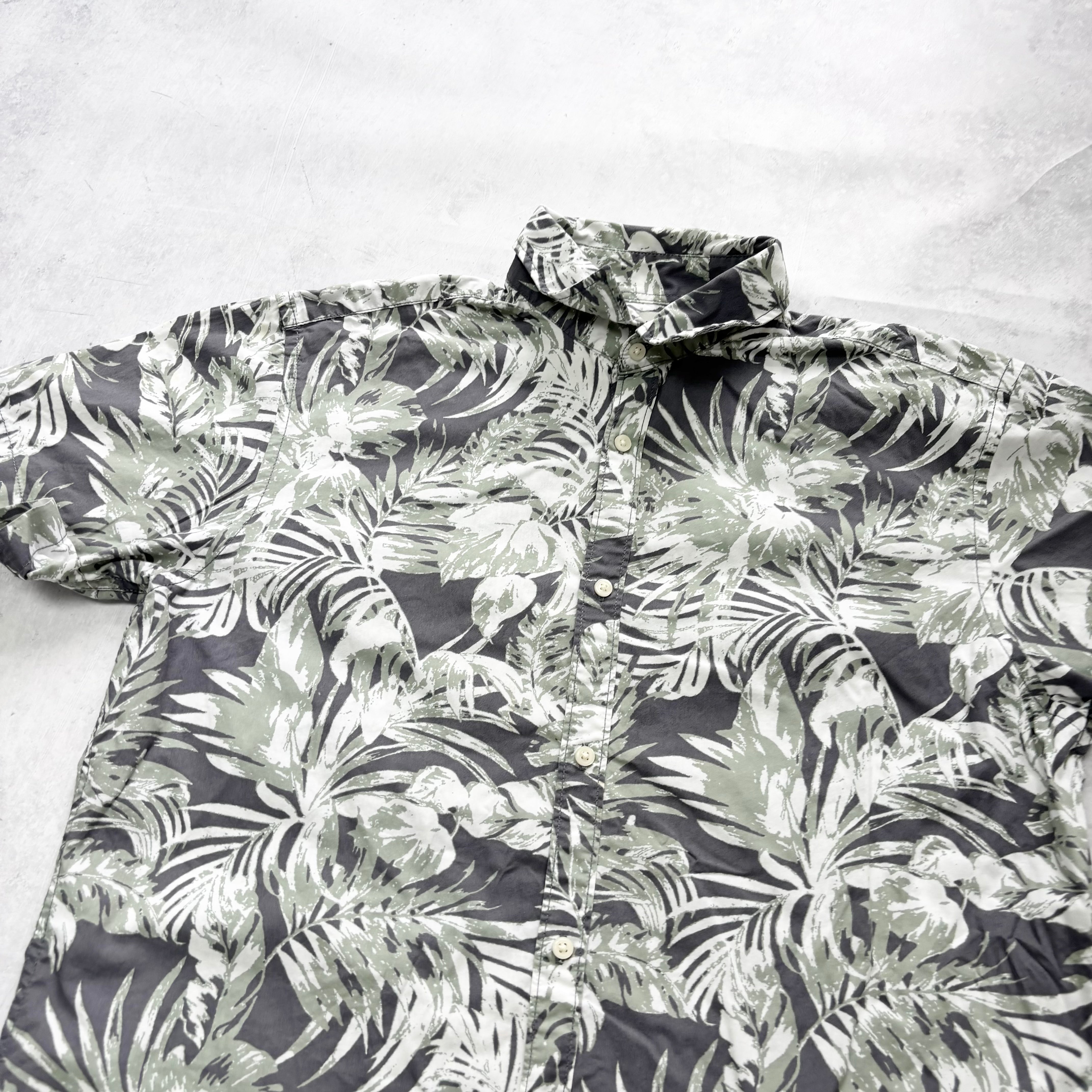 Hawaiian Shirt Mens Large Green Floral Aloha Short Sleeve Cotton Slim Fit (E)