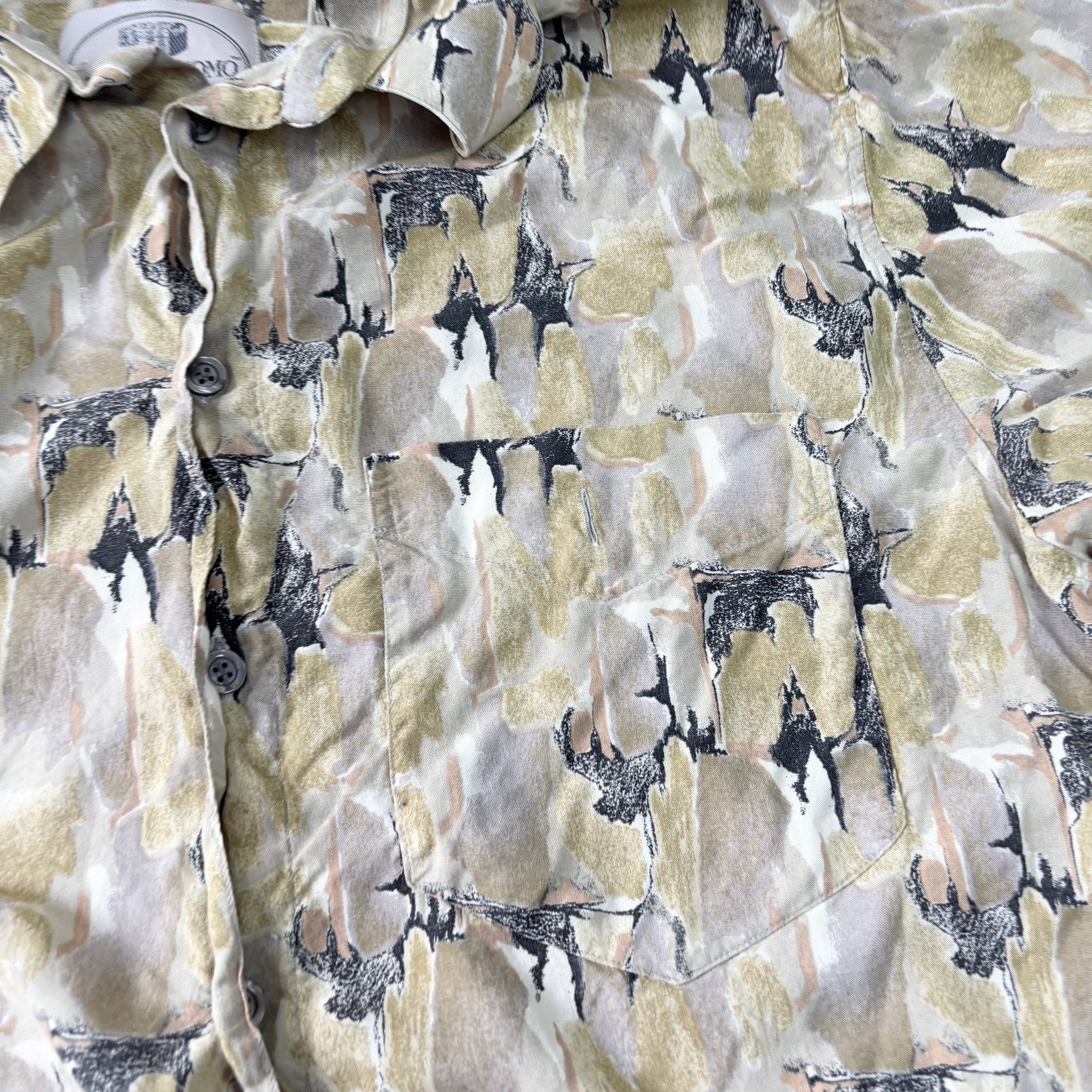 Vintage Funky Shirt Mens Large Yellow Abstract Pattern Short Sleeve Rayon