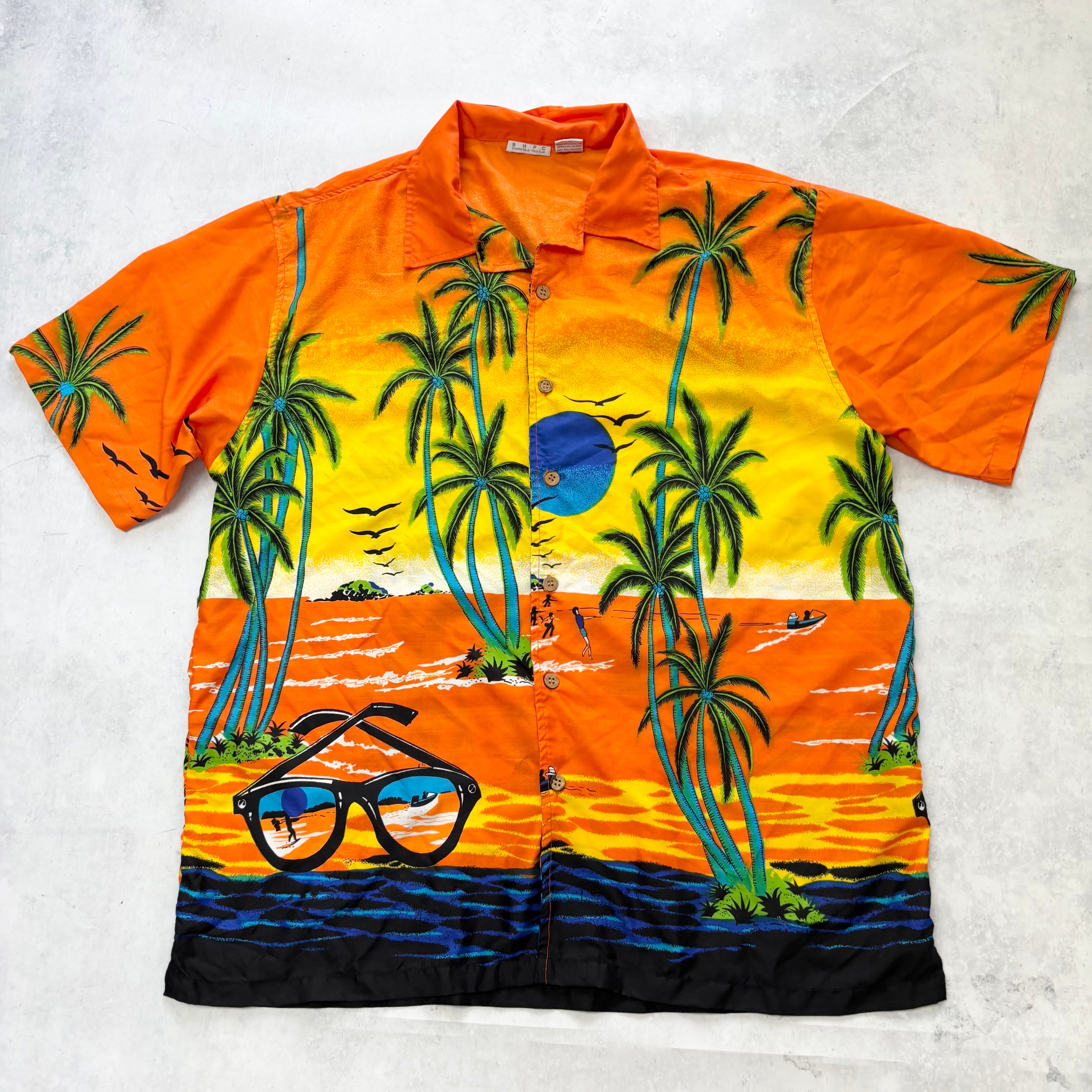 Hawaiian Shirt Mens Large Orange Floral Aloha Short Sleeve Polyester (E)