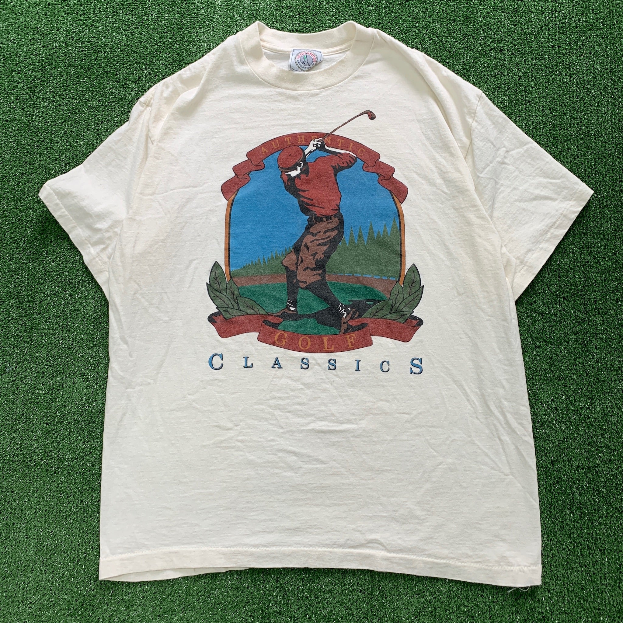 Vintage T Shirt Mens XL Cream Beige Single Stitch Graphic Print 90s USA Golf