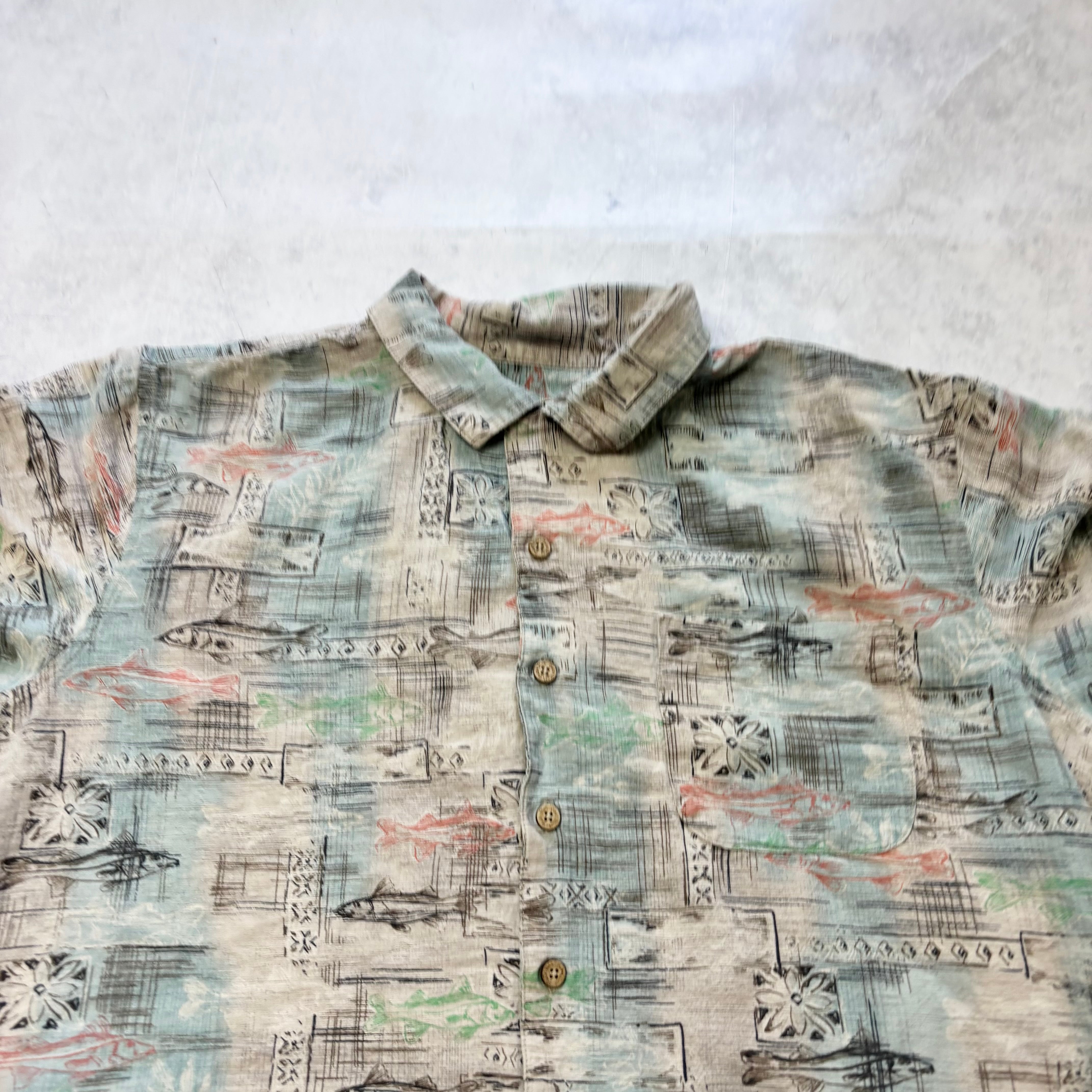 Vintage Hawaiian Shirt Mens Large Grey Silk Floral Aloha Short Sleeve (E)