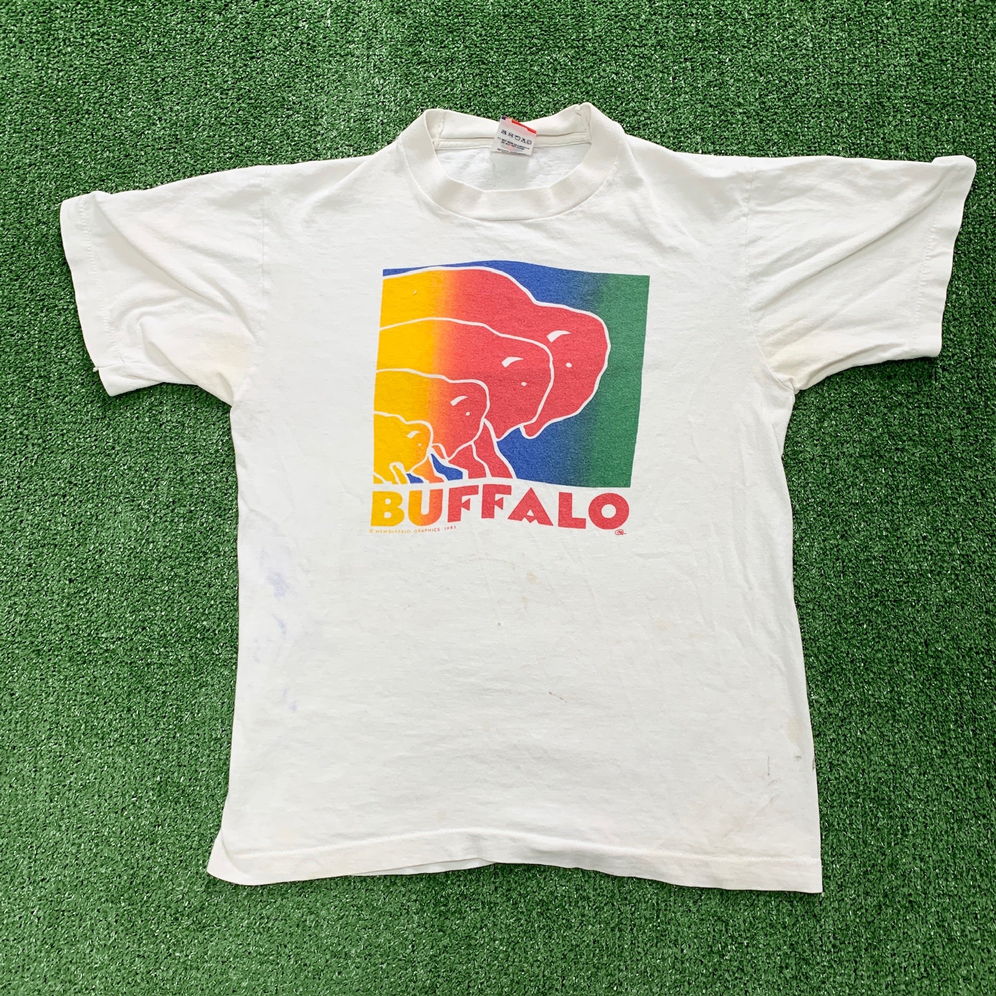 Vintage T Shirt Mens XS White Single Stitch Graphic Print 80s USA Buffalo