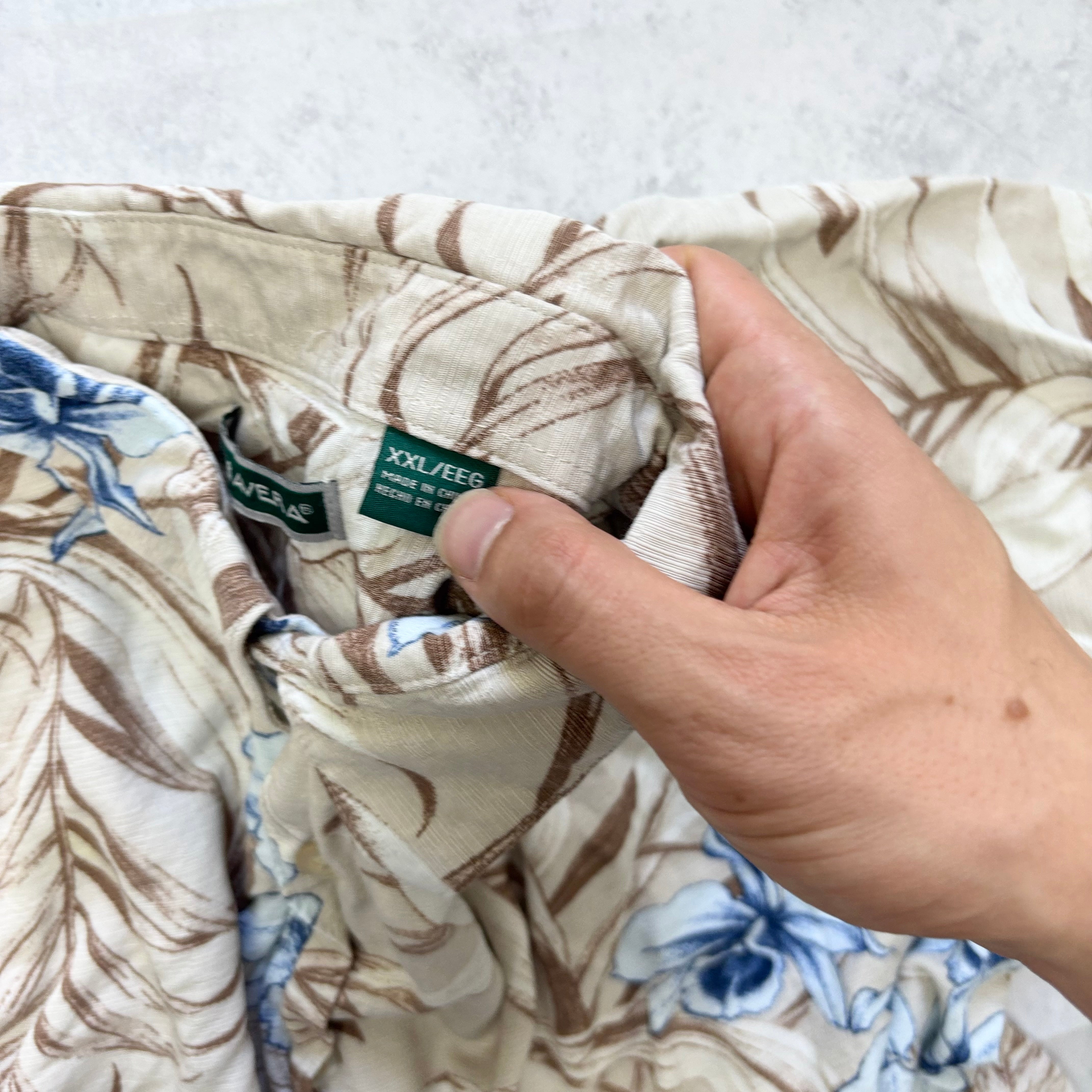 Vintage Hawaiian Shirt Mens XXL Beige Floral Aloha Short Sleeve Rayon (E)