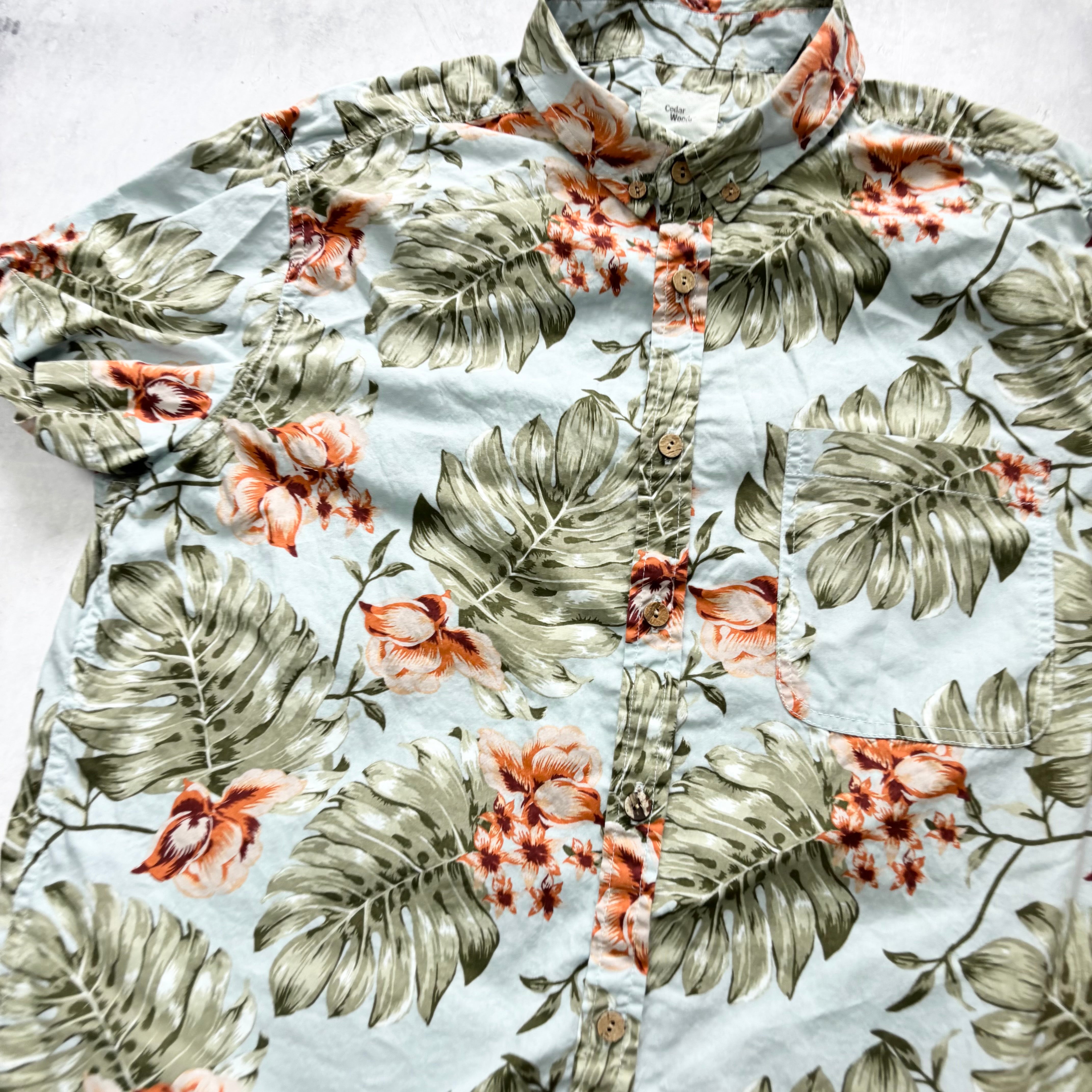 Hawaiian Shirt Womens Large Blue Floral Aloha Short Sleeve Cotton (E)