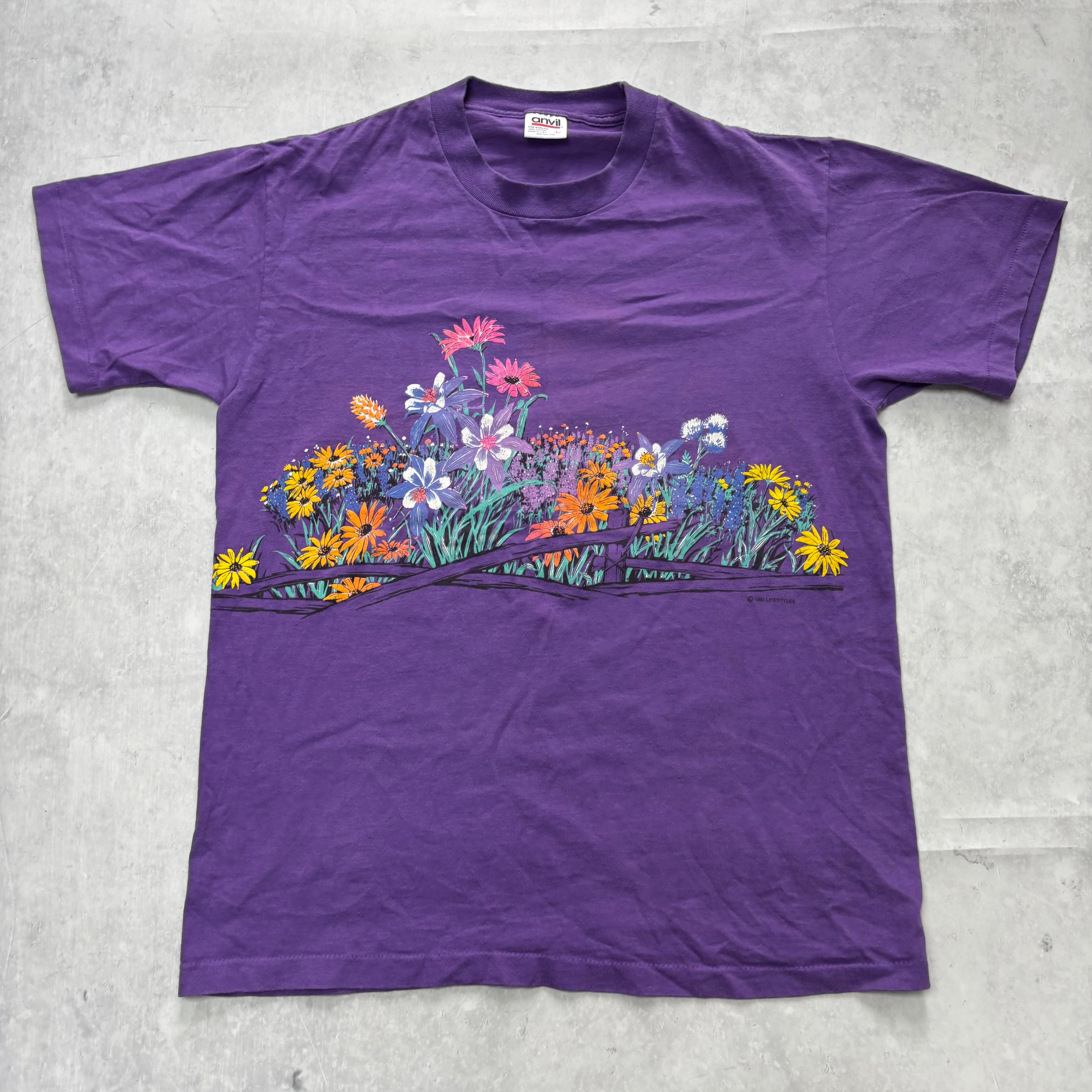 Vintage T Shirt Mens Medium Purple Single Stitch Graphic Print 90s Flowers (E)