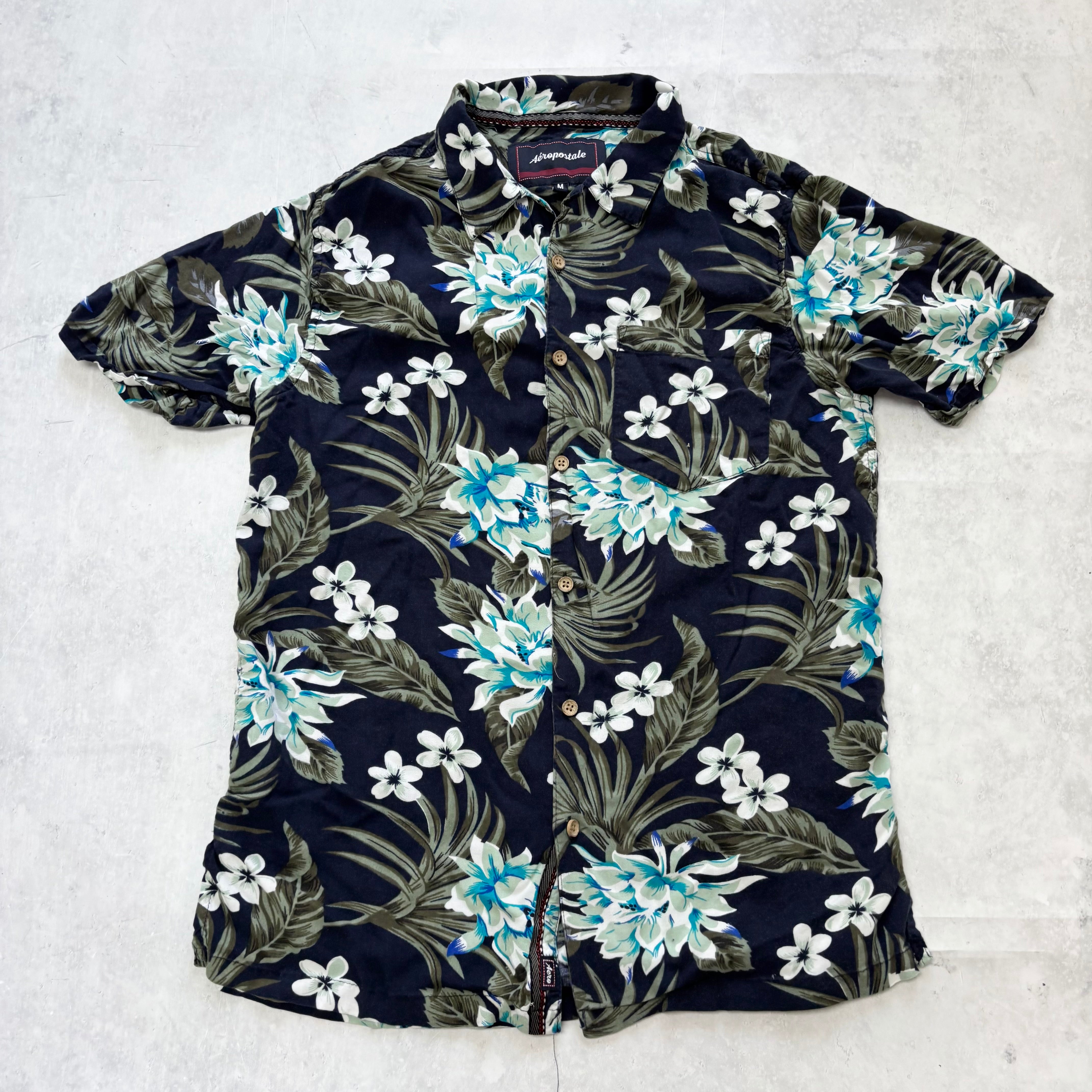 Hawaiian Shirt Mens Medium Navy Floral Aloha Short Sleeve Slim Fit (E)