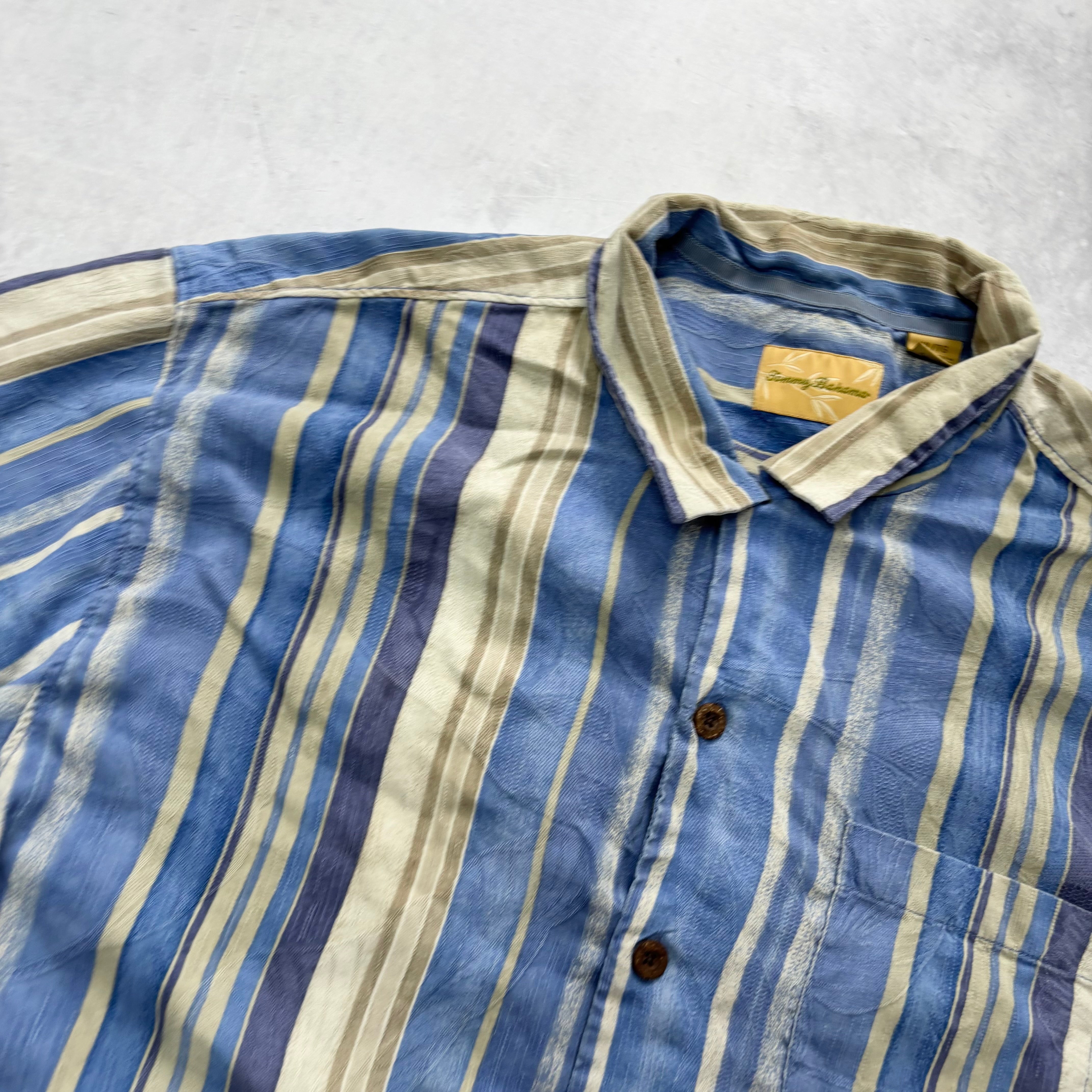 Vintage Tommy Bahama Shirt Mens XL Blue Striped Short Sleeve Silk